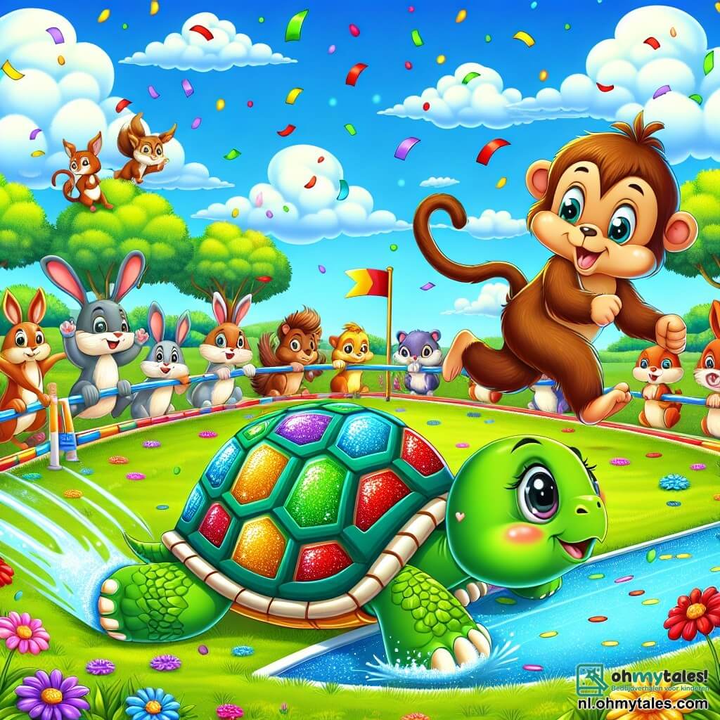 Illustratie van een levendige scène in een zonnige dierenpark, met een groot groen grasveld bezaaid met kleurrijke bloemen en een kleine glinsterende waterpartij in het midden. Op de voorgrond beweegt een schildpad met een glanzende en kleurrijke schild, met ogen vol vastberadenheid, langzaam maar zeker naar de finishlijn van een race, met een uitdrukking van concentratie en vreugde. Naast haar moedigt een speelse jonge aap, met een bruine vacht en ondeugende ogen, haar aan terwijl hij huppelt en een kleine kleurrijke banner zwaait. Op de achtergrond kijken andere dieren zoals konijnen en eekhoorns nieuwsgierig en opgewonden naar de scène, wat een sfeer van kameraadschap en feestelijkheid creëert. Confetti zweeft door de lucht en voegt een feestelijk tintje toe aan deze vriendschappelijke race, terwijl de blauwe lucht bezaaid is met donzige witte wolken.