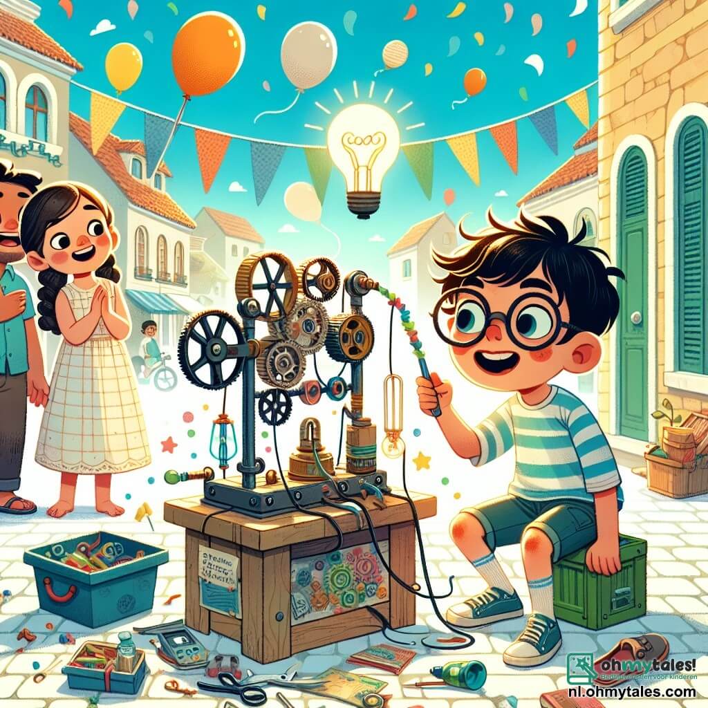 Une illustration sous forme de dessin destinée aux enfants représentant une scène colorée dans une charmante petite ville ensoleillée, où un garçon de 9 ans aux cheveux ébouriffés et aux lunettes rondes, vêtu d'un t-shirt rayé et de shorts, est en train de travailler avec enthousiasme sur une machine étrange faite de pièces recyclées, tandis que ses amis, une fille aux cheveux bruns en tresse et un garçon aux cheveux blonds en bataille, l'observent avec des yeux émerveillés, tous impatients de découvrir la magie de l'invention qui va transformer leurs pensées en réalité, entourés de confettis et de ballons flottants, symbolisant l'excitation et l'amitié.