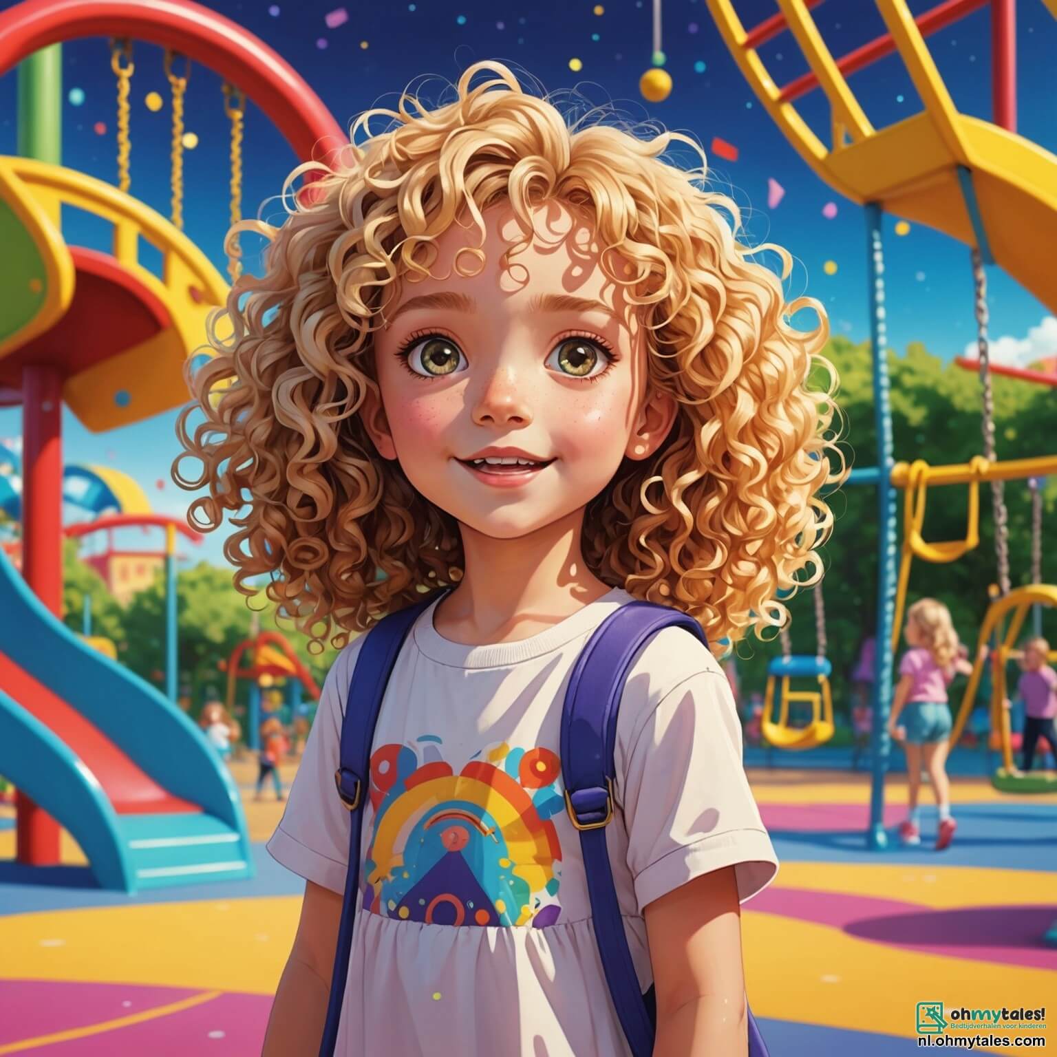 Une illustration destinée aux enfants représentant une petite fille aux cheveux bouclés et à la peau dorée, pleine de curiosité et de rêves, qui se tient au milieu d'une cour de récréation colorée, entourée de balançoires vibrantes et de toboggans scintillants, tandis qu'elle fait face à un groupe d'enfants aux visages fermés et aux rires moqueurs, dont un garçon aux cheveux blonds et aux yeux clairs, qui chuchote des mots blessants sur ses origines, tandis qu'une autre fille, aux cheveux bruns et aux tresses soignées, observe la scène avec un regard inquiet, se demandant comment elle pourrait aider son amie à surmonter les ombres du racisme qui planent sur leur amitié dans ce lieu où l'innocence devrait régner.