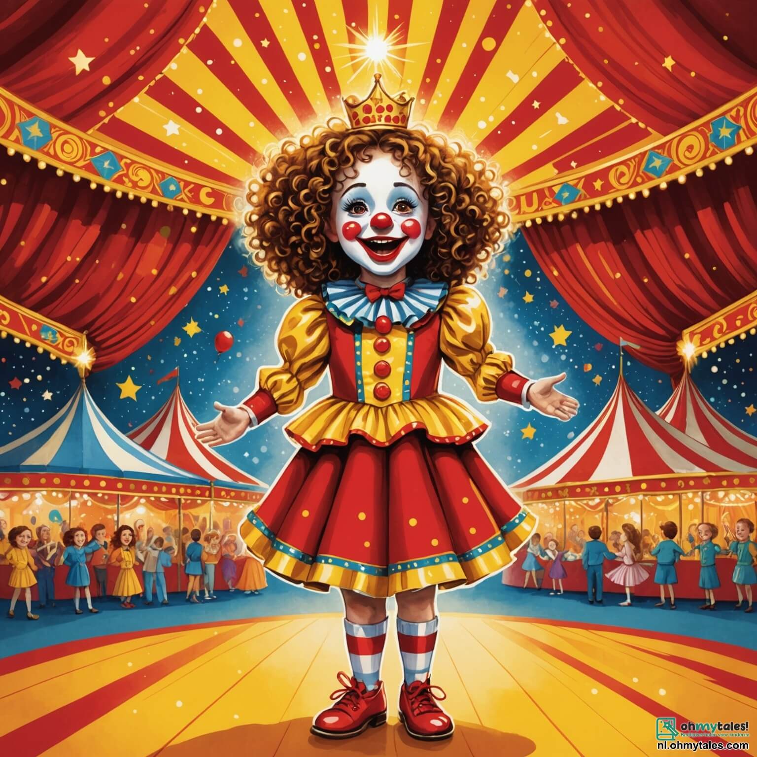 Une illustration destinée aux enfants représentant une petite fille aux cheveux bouclés et brillants comme des rayons de soleil, vêtue d'un costume coloré orné de paillettes scintillantes, se tenant avec émerveillement devant la grande tente du célèbre Circus Fantastico, où des lumières éclatantes dansent sur les murs de toile rayée rouge et jaune, tandis qu'un clown aux grandes chaussures et au nez rouge, avec un sourire contagieux, s'apprête à faire rire le public, et où une contorsionniste gracieuse, à la silhouette élancée et souple comme un serpent, exécute des mouvements fascinants sous les applaudissements d'une foule enthousiaste, tous réunis dans cette ambiance magique et festive, remplie de rires et de rêves d'aventure.