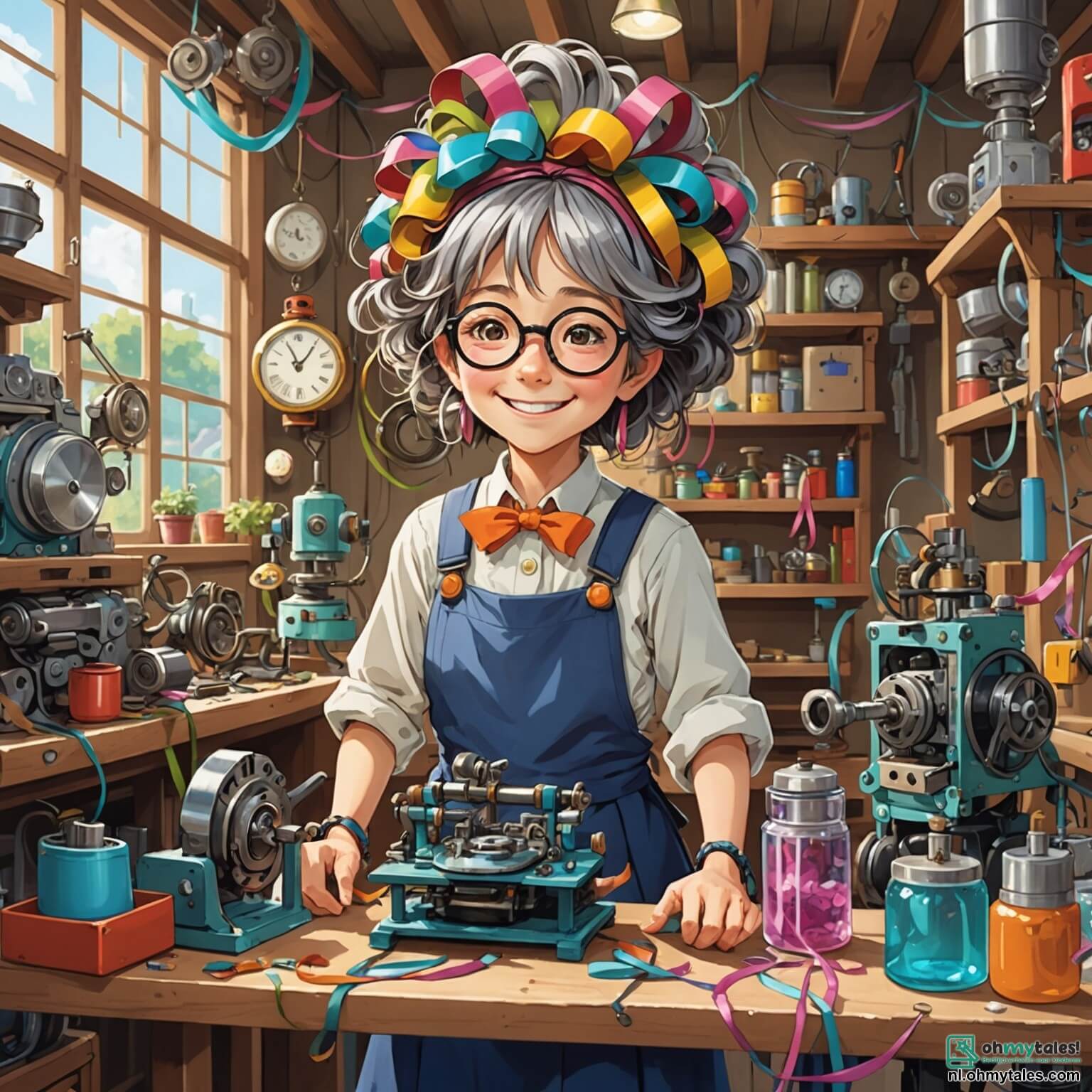 Une illustration destinée aux enfants représentant une femme excentrique aux cheveux en désordre, ornés de rubans colorés, avec des lunettes rondes et un sourire éclatant, se tenant dans sa petite atelier débordant de machines étranges et de gadgets farfelus, où elle s'apprête à tester sa dernière invention, une machine à rendre les gens heureux, tandis qu'un petit garçon curieux aux yeux pétillants et une vieille dame au chapeau fleuri, tous deux intrigués, l'observent depuis le seuil de la porte, dans un village pittoresque où les maisons sont peintes de couleurs vives et les fleurs dansent au rythme du vent.