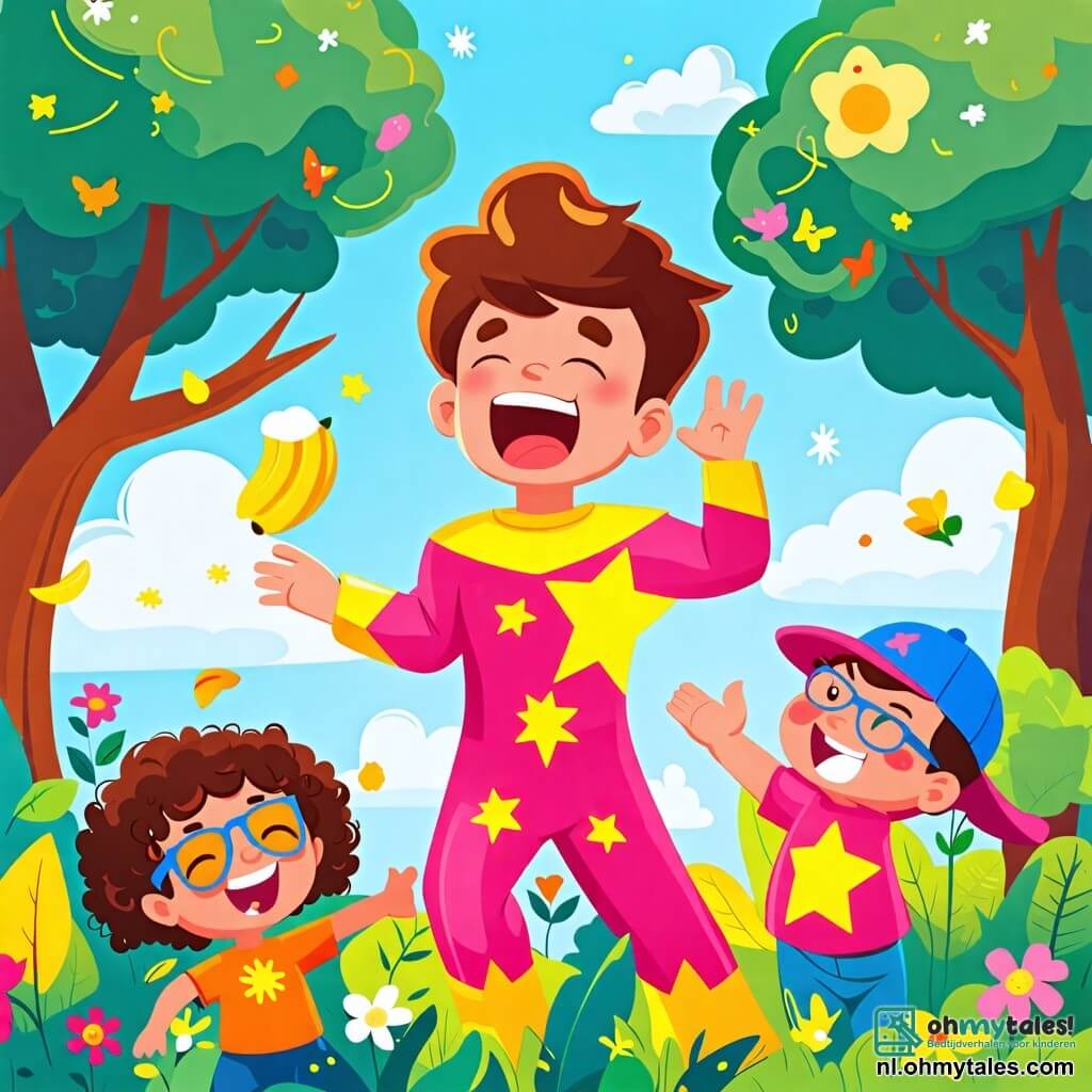 Illustratie van een zonnig park, vol weelderig groen en kleurrijke bloemen, met majestueuze bomen en een helderblauwe lucht met enkele donzige witte wolken. In het midden van de afbeelding staat een man in een flamboyant superheldenkostuum, met een glanzend roze kostuum versierd met grote gele sterren, die grappige gebaren maakt terwijl hij lacht. Hij heeft rommelig bruin haar en een stralende glimlach, terwijl hij een banaan in één hand vasthoudt alsof hij klaar is om te dansen. Naast hem staat een meisje van ongeveer 8 jaar met krullend haar en kleurrijke bril, die in lachen uitbarst terwijl ze een sneeuwbal gooit, terwijl een jongen van ongeveer 7 jaar met een achterstevoren pet en een gestreept T-shirt zich voorbereidt om een pirouette te maken. De scène toont een vrolijke en speelse sfeer, waar de personages plezier hebben met spelen in de vallende sneeuw, waardoor onvergetelijke herinneringen worden gecreëerd. Op de achtergrond wordt een grote sneeuwpop gebouwd, wat een vleugje magie aan het geheel toevoegt. Sneeuwvlokken dwarrelen zachtjes door de lucht en het gelach van kinderen weerklinkt, wat de geest van een dag vol avontuur en kameraadschap vastlegt.