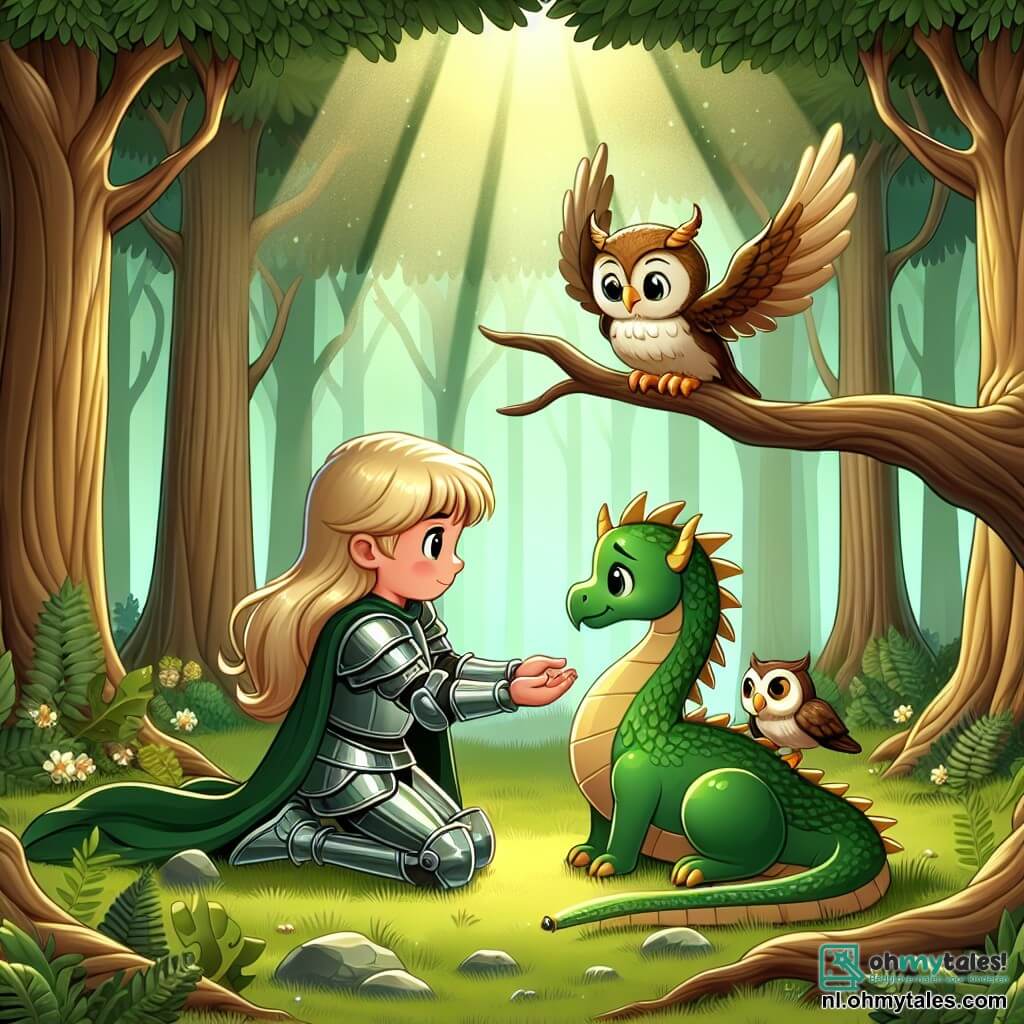 Une illustration sous forme de dessin destinée aux enfants représentant une clairière enchantée entourée de grands arbres verdoyants, où une courageuse chevaleresse aux longs cheveux dorés et à l'armure scintillante, agenouillée, soigne avec tendresse les ailes d'un petit dragon aux écailles vertes brillantes, tandis qu'un sage hibou aux plumes dorées les observe depuis une branche, le tout baigné par la douce lumière du soleil filtrant à travers les feuilles, symbolisant l'amitié et l'entraide dans un monde magique.