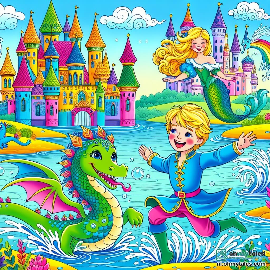 Une illustration sous forme de dessin destinée aux enfants représentant un magnifique paysage du Royaume de Gelach, avec un château coloré aux tours scintillantes en arrière-plan, où un prince joyeux aux cheveux blonds et portant une tunique bleu vif saute dans l'eau d'un lac étincelant, éclaboussant des vagues en riant, tandis qu'un petit dragon vert aux yeux pétillants vole autour de lui, et une belle sirène aux cheveux ondulés et à la queue brillante observe avec un sourire, entourée de vagues dansantes et de rires d'animaux enchantés.