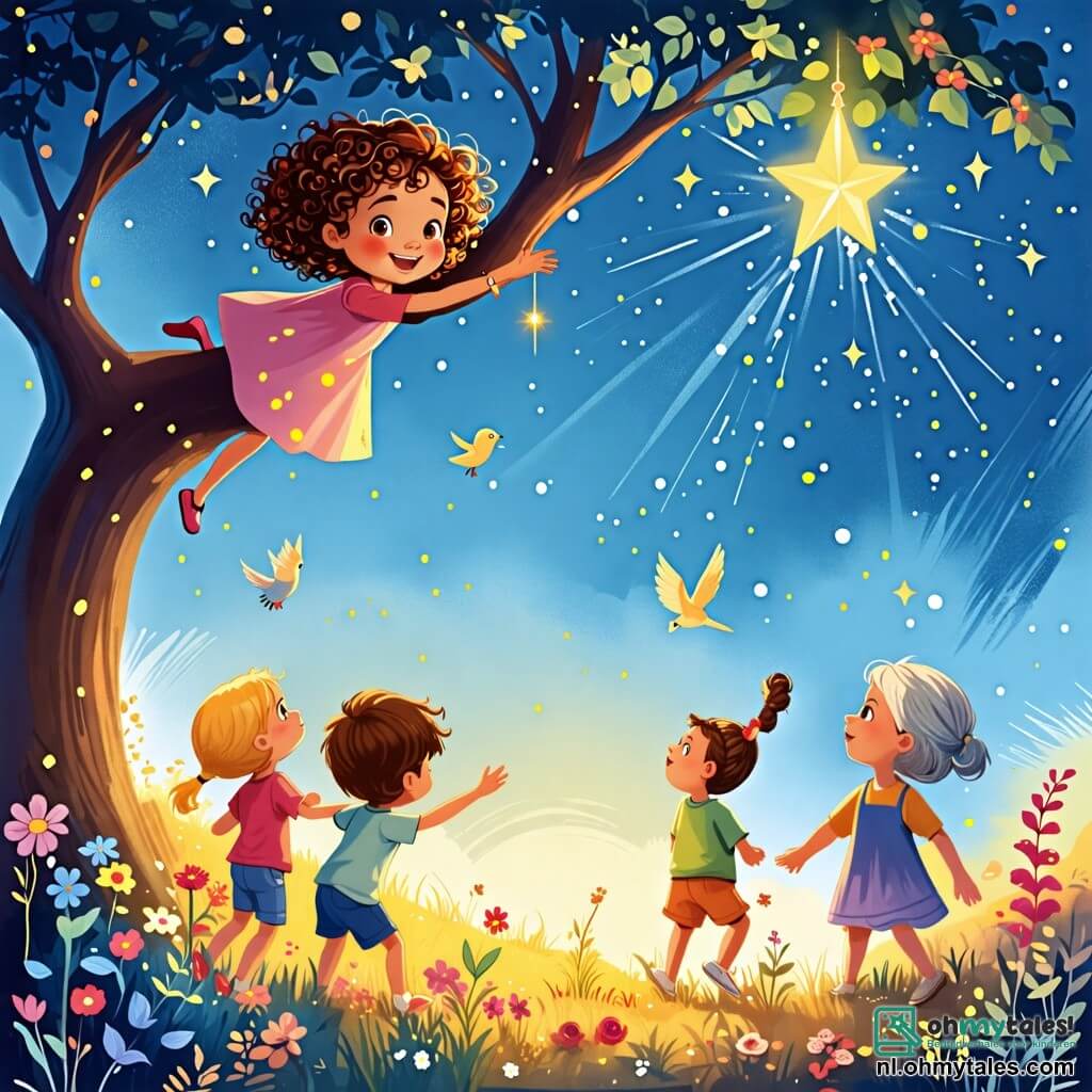 Une illustration sous forme de dessin destinée aux enfants représentant une scène magique sur une île ensoleillée, avec une petite fille de 2 ans aux cheveux bouclés et aux yeux pétillants, grimpant joyeusement sur une grande branche d'arbre pour atteindre une étoile brillante, tandis qu'un garçon de 3 ans aux cheveux blonds et une petite fille de 4 ans aux tresses l'encouragent depuis le sol, et une grande, amicale aïe qui les observe avec curiosité, le tout entouré de fleurs colorées et d'oiseaux chantants.
