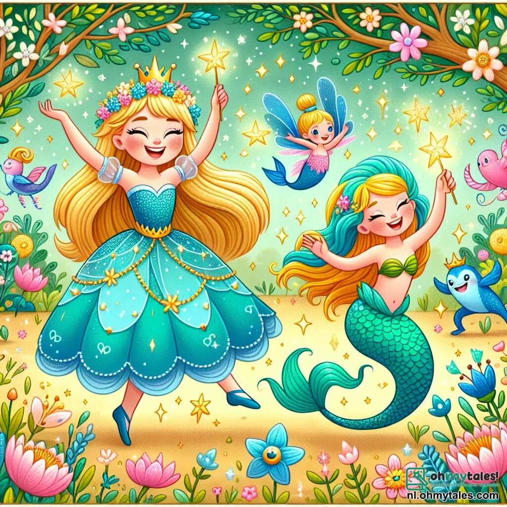 Une illustration sous forme de dessin destinée aux enfants représentant un jardin enchanté rempli de fleurs colorées et de danseurs joyeux, où une princesse aux longs cheveux dorés et à la robe scintillante, souriante et pleine d'énergie, danse avec une sirène aux écailles brillantes et aux cheveux turquoise, tandis qu'elles rassemblent des étoiles scintillantes pour préparer une grande fête, entourées de créatures magiques comme des oiseaux chantants et des arbres dansants, le tout baigné dans une lumière douce et féerique.
