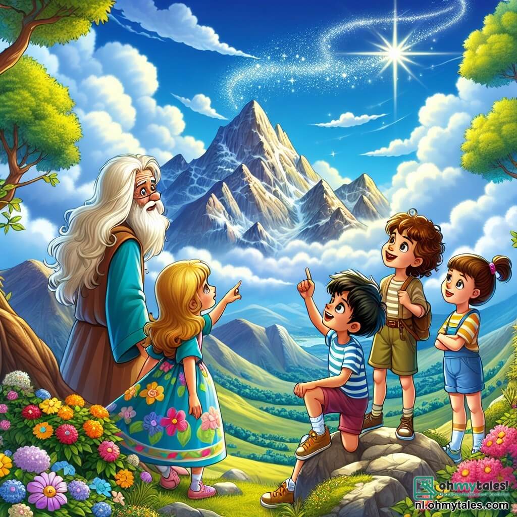 Illustratie van een prachtig berglandschap onder een stralende blauwe lucht, met zachte, witte wolken die rustig drijven. Op de top van de berg staat een groep van vier kinderen samen: een meisje met lang, blond haar in een kleurrijke jurk dat verwonderd kijkt; een jongen met bruin, krullend haar in een gestreept T-shirt die vrolijk glimlacht; een ander meisje met kastanjebruin haar in een paardenstaart, gekleed in een short en T-shirt, dat naar een fonkelende ster wijst; en tenslotte een jongen met kort, zwart haar in een hoodie die nadenkend kijkt naar een oude wijze met een witte baard, gekleed in een lange jurk, die voor hen staat met een vriendelijke glimlach. De scène vangt het moment waarop de kinderen aandachtig luisteren naar de woorden van de wijze over de waarheid van het leven, omringd door de schoonheid van de natuur. Op de achtergrond voegen kleurrijke bloemen en groene bomen een vleugje magie toe aan de omgeving. Een zachte gouden gloed baadt de scène, waardoor een warme en gastvrije sfeer ontstaat, terwijl een fonkelende ster boven hen straalt, die wijsheid en hoop symboliseert.