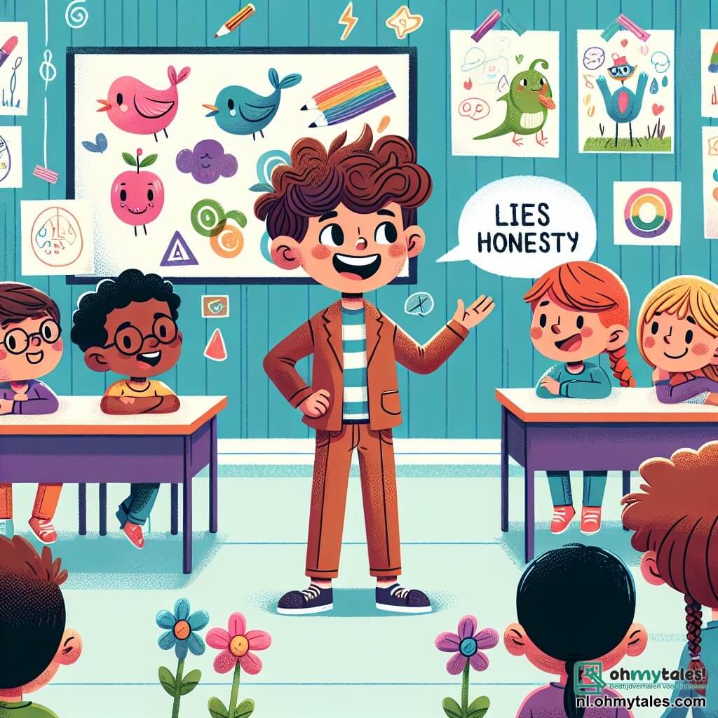 Une illustration sous forme de dessin destinée aux enfants représentant une salle de classe colorée avec des murs décorés de dessins d'enfants, où un garçon de 9 ans avec des cheveux bouclés et un grand sourire se tient debout devant ses camarades, en train de partager une histoire sur l'importance de l'honnêteté, tandis qu'une fille timide avec des lunettes et des cheveux tressés l'écoute attentivement, et un autre garçon aux cheveux courts et espiègles rit en hochant la tête, créant une atmosphère de camaraderie et d'apprentissage sur le mensonge et la vérité.