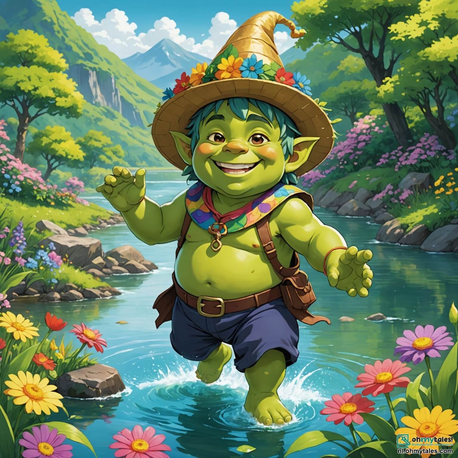 Une illustration destinée aux enfants représentant un jeune ogre au sourire éclatant et aux yeux pétillants de malice, avec une peau verte éclatante et une immense chapeau coloré qui lui tombe sur les yeux, se tenant au bord d'une rivière scintillante entourée de fleurs multicolores qui dansent au rythme d'une douce brise, tandis qu'il se prépare à partir à l'aventure avec ses deux fidèles amis, une petite fille kabouters au chapeau pointu qui perd toujours son couvre-chef, et un drôle de lapin parlant, rapide comme l'éclair, tous trois déterminés à retrouver la précieuse hoed du grand ogre triste qui vit près de la Grande Arbre à Bonbons, un lieu magique où les branches sont chargées de sucreries et où l'air est empli de rires et de joie.