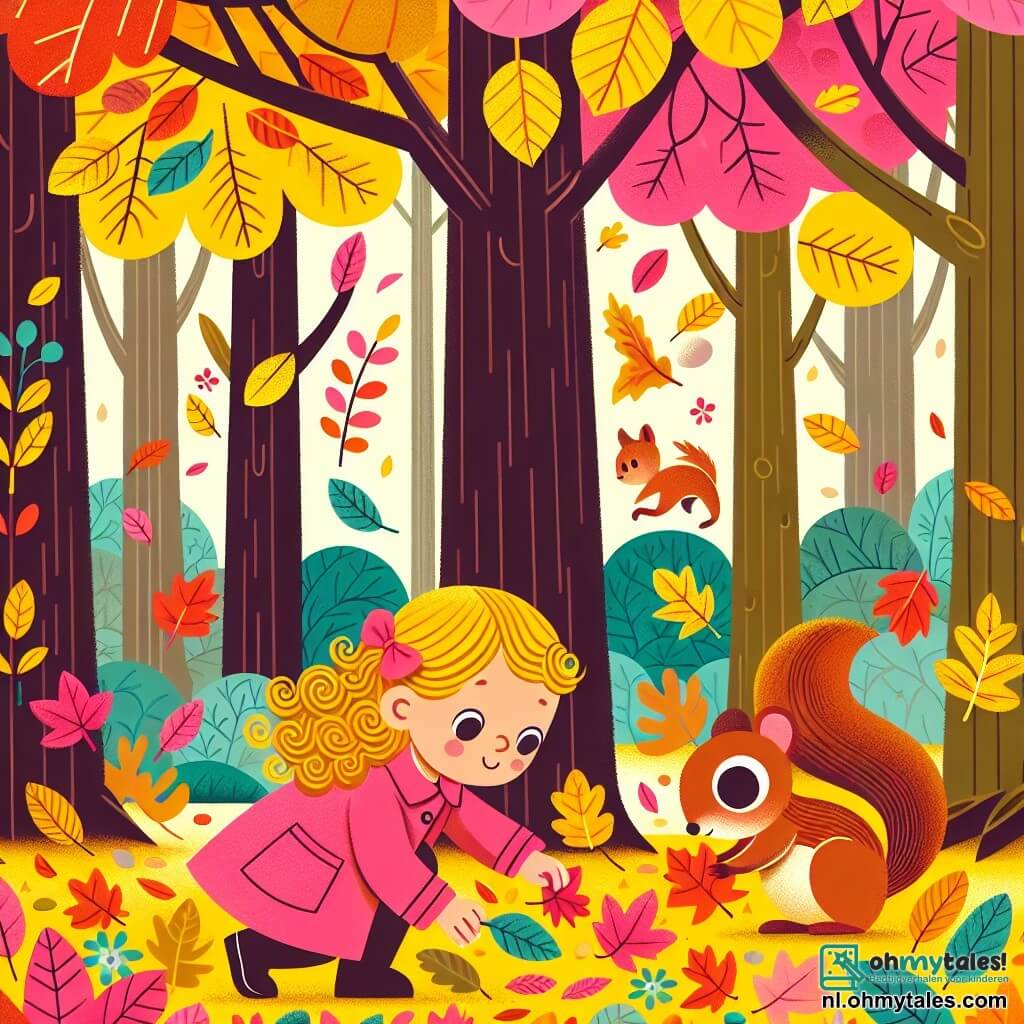 Une illustration sous forme de dessin destinée aux enfants représentant une forêt en automne, avec des arbres aux feuilles jaunes, oranges et rouges, une petite fille de 3 ans aux cheveux bouclés et blonds, portant un manteau rose et ramassant des feuilles colorées au sol, tandis qu'une petite écureuil brun aux yeux vifs observe curieusement depuis une branche, capturant la magie de l'automne et l'émerveillement de la découverte.