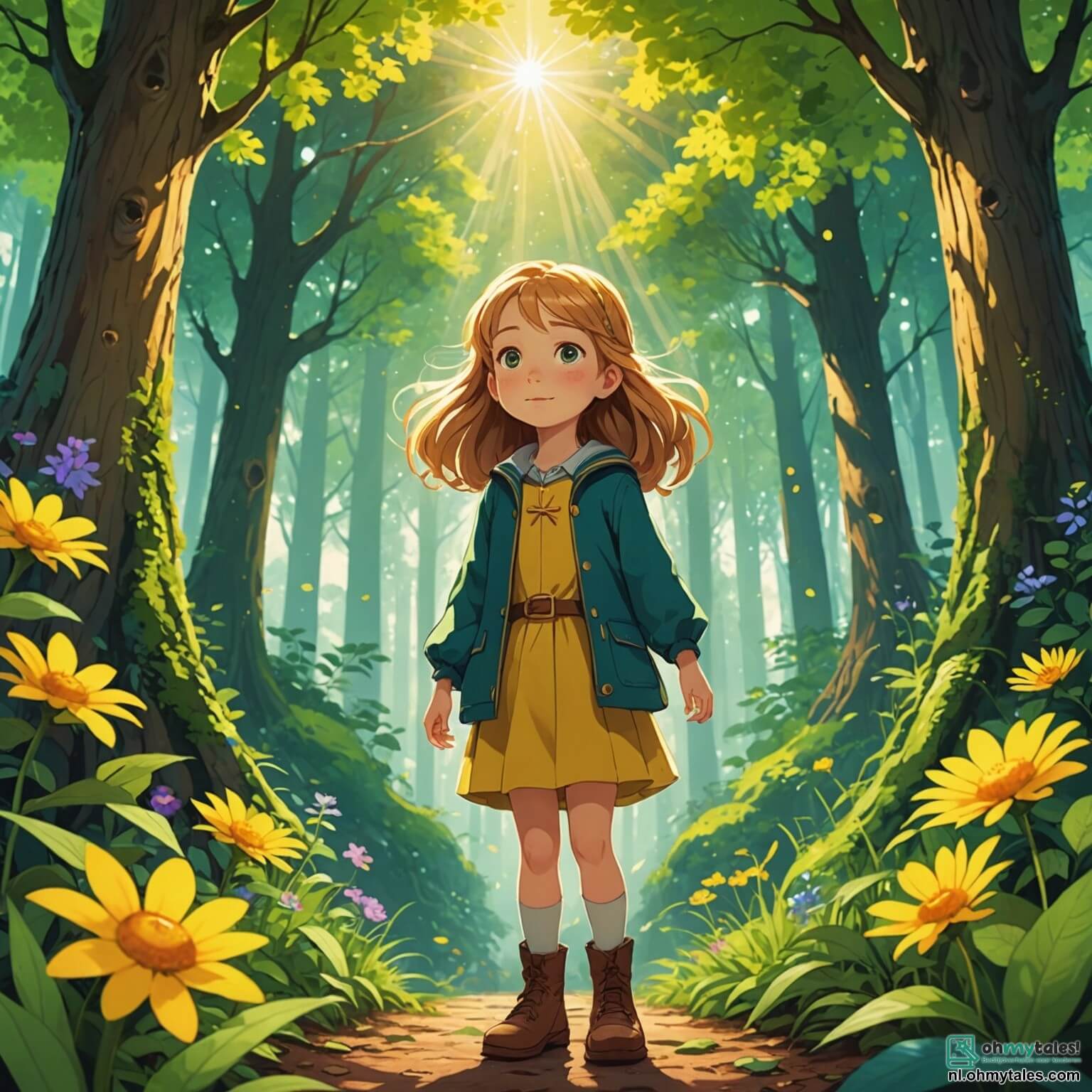 Une illustration destinée aux enfants représentant une petite fille aux yeux pétillants de curiosité, aux cheveux dorés flottant comme des rayons de soleil, se tenant courageusement au bord d'une forêt mystérieuse où les arbres, hauts comme des géants, s'entrelacent avec des feuilles verdoyantes et des fleurs colorées, tandis qu'elle s'apprête à partir à l'aventure avec ses deux amis inséparables : un garçon à la chevelure brune, toujours prêt à explorer et à rire, et une fille aux cheveux châtains, un peu plus prudente mais débordante d'imagination, tous trois déterminés à sauver un jeune renard piégé dans un filet au cœur de ce bois enchanté, où les chants des oiseaux et le murmure du vent créent une mélodie magique.
