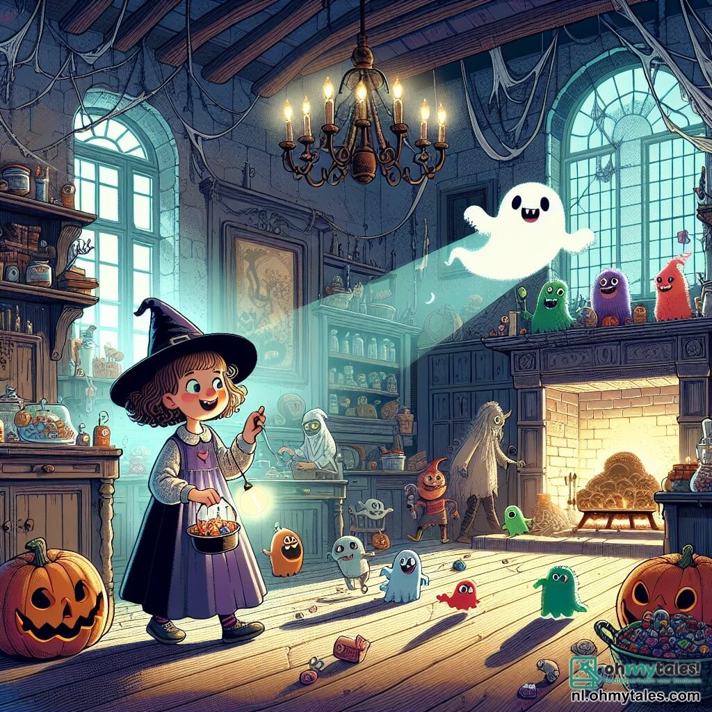 Une illustration sous forme de dessin destinée aux enfants représentant l'intérieur d'une vieille villa hantée, avec des murs couverts de toiles d'araignées et une grande cheminée, où une fille de 11 ans aux cheveux bouclés et vêtue d'un costume de sorcière, tenant une petite lampe torche, regarde avec émerveillement un petit fantôme amical, flottant à ses côtés, tandis qu'un groupe de petits monstres colorés, en train de préparer des bonbons dans la cuisine, s'affairent joyeusement autour d'eux, le tout baigné dans une lumière douce et mystérieuse, évoquant l'esprit magique d'Halloween.