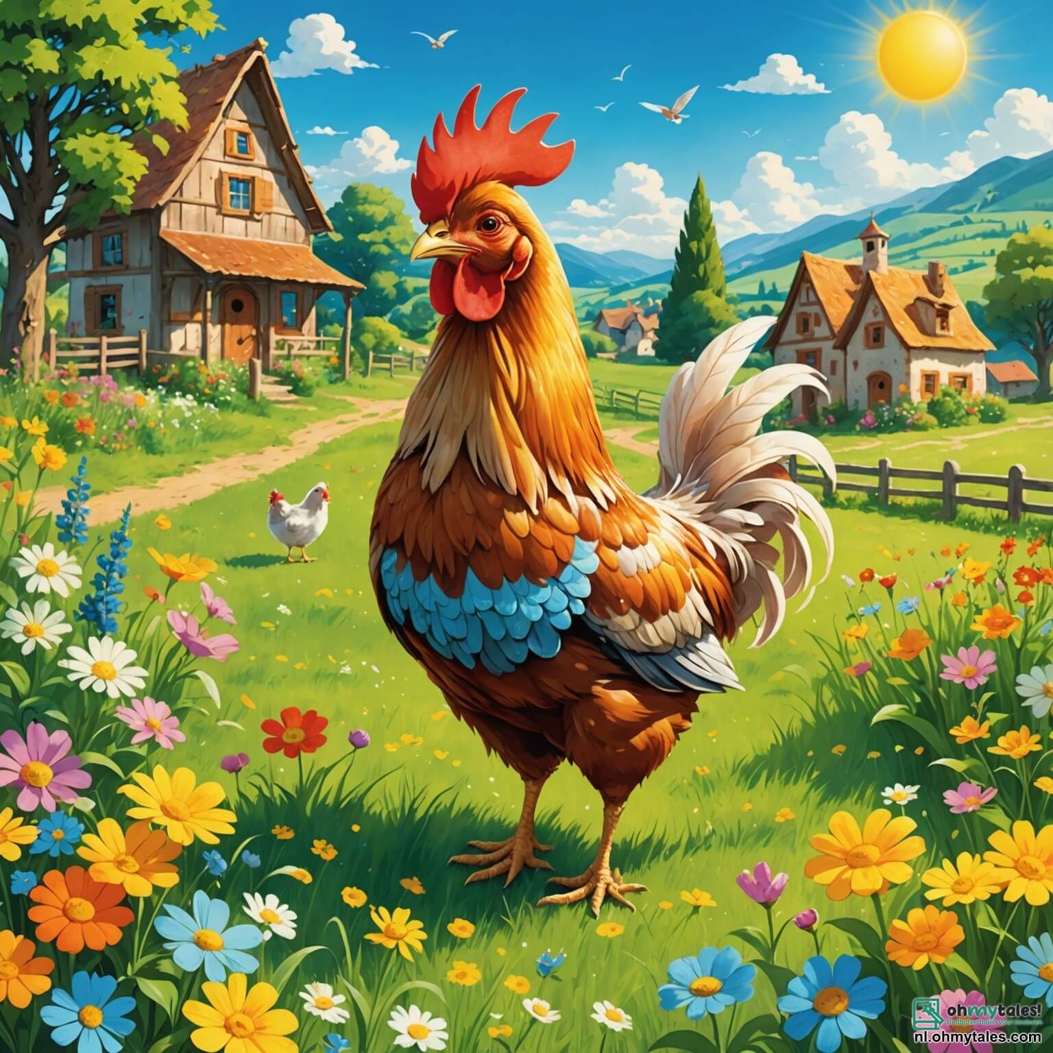 Une illustration destinée aux enfants représentant une poule au plumage doré étincelant, se tenant fièrement au milieu d'une vaste prairie verdoyante parsemée de fleurs colorées dans un petit village pittoresque, où elle rêve d'aventures au-delà des clôtures de la ferme, entourée de ses amis, un rusé petit rongeur à la fourrure soyeuse et un joyeux lapin aux grandes oreilles, tandis que le soleil brille haut dans le ciel azur, illuminant le chemin qui mène vers la forêt mystérieuse et les montagnes majestueuses à l'horizon.