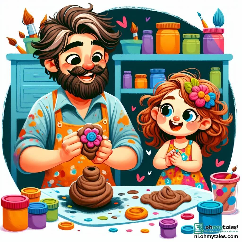 Une illustration sous forme de dessin destinée aux enfants représentant un atelier coloré rempli de pots de peinture et de pinceaux, où un homme joyeux avec une grande barbe et un tablier taché de peinture sculpte une fleur en argile, tandis qu'une petite fille aux cheveux bouclés et aux yeux pétillants, portant une robe colorée, l'observe avec émerveillement, tenant une boule de pâte à modeler dans ses mains, illustrant ainsi leur moment de créativité et de partage artistique.