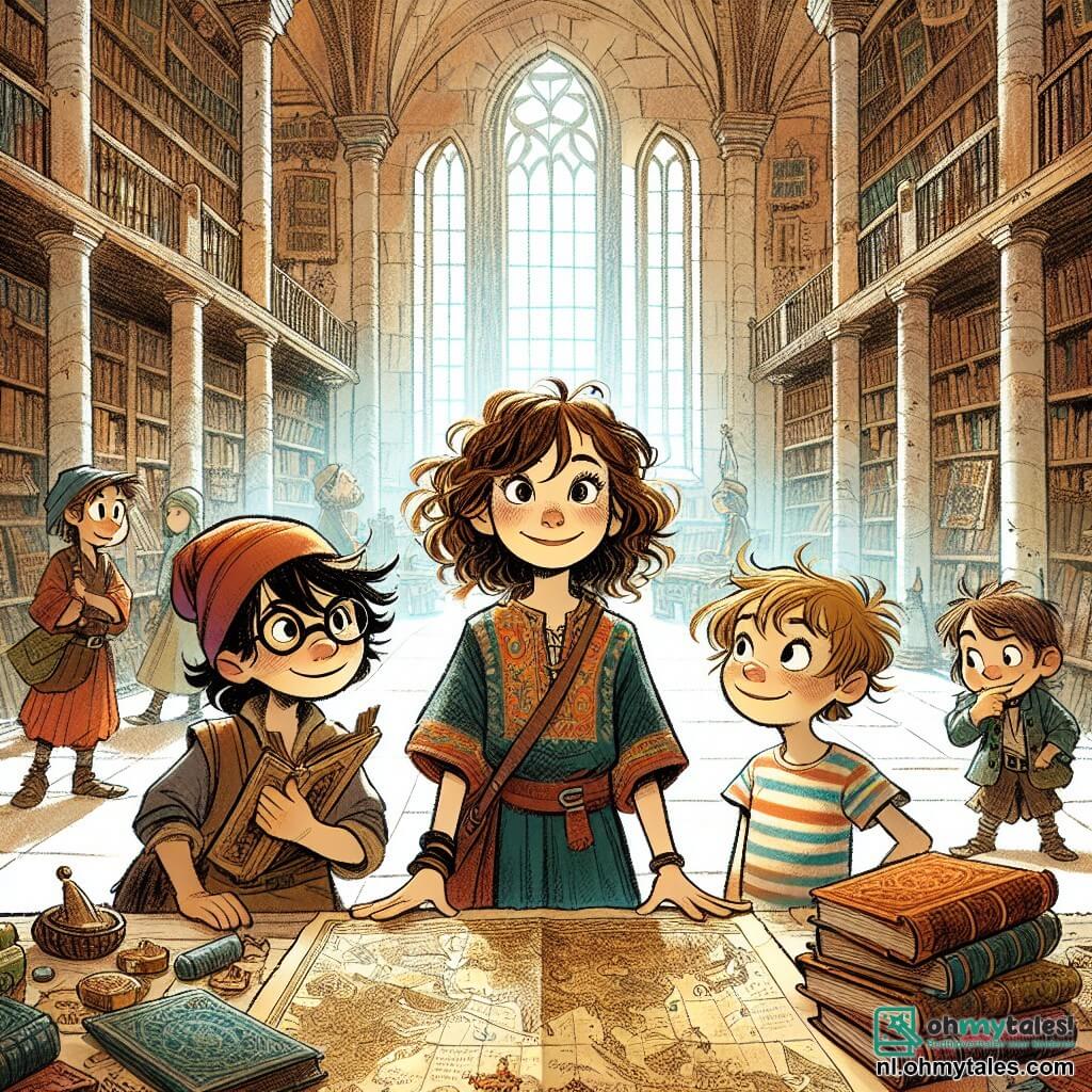 Une illustration sous forme de dessin destinée aux enfants représentant une grande bibliothèque ancienne aux murs couverts de livres poussiéreux et de grandes fenêtres laissant filtrer une lumière douce, où une jeune femme aux cheveux bruns et bouclés, vêtue d'une tunique colorée et tenant un vieux journa, se tient au centre, entourée de trois garçons aux expressions curieuses, l'un avec des lunettes et un chapeau d'aventurier, un autre avec un sourire malicieux et un t-shirt rayé, et le dernier avec des cheveux en bataille, tous regardant avec émerveillement une grande carte ancienne posée sur une table, symbolisant leur quête pour découvrir des trésors cachés et des mystères à résoudre ensemble.