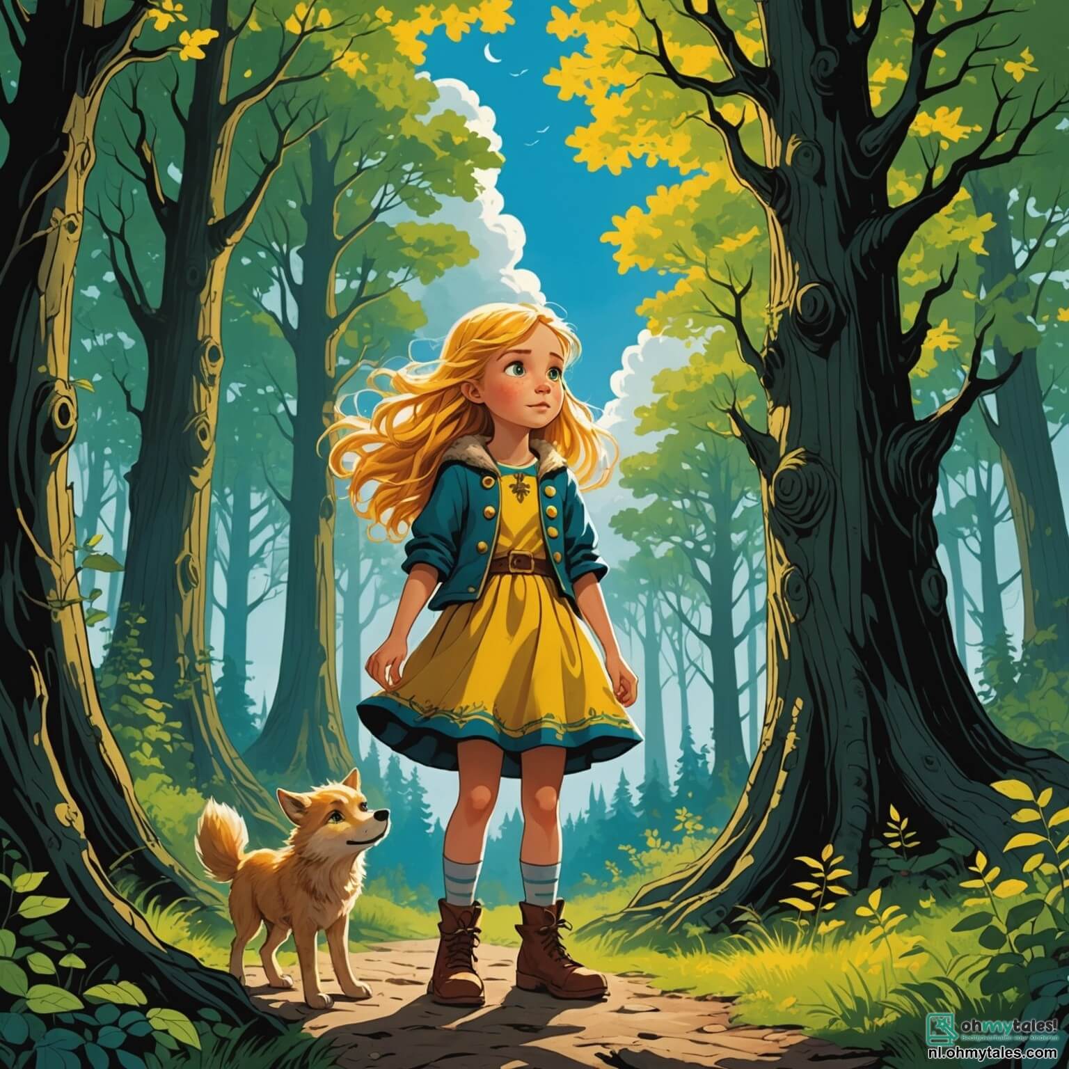 Une illustration destinée aux enfants représentant une courageuse petite fille aux cheveux dorés flottant comme des rayons de soleil, se tenant fermement au milieu d'une forêt enchantée où les arbres majestueux, aux troncs noueux et aux feuilles d'un vert éclatant, s'élèvent vers un ciel azur parsemé de nuages cotonneux, tandis qu'un grand méchant loup, aux yeux jaunes perçants et à la fourrure noire comme la nuit, se tient en retrait, intrigué par la détermination de la fillette, alors qu'elle se lance dans une quête audacieuse pour prouver sa bravoure et transformer l'image redoutée du loup en un ami, avec pour témoins des oiseaux colorés chantant des mélodies joyeuses et des lapins curieux écoutant attentivement, tous réunis dans ce lieu magique où l'aventure et l'amitié se croisent.
