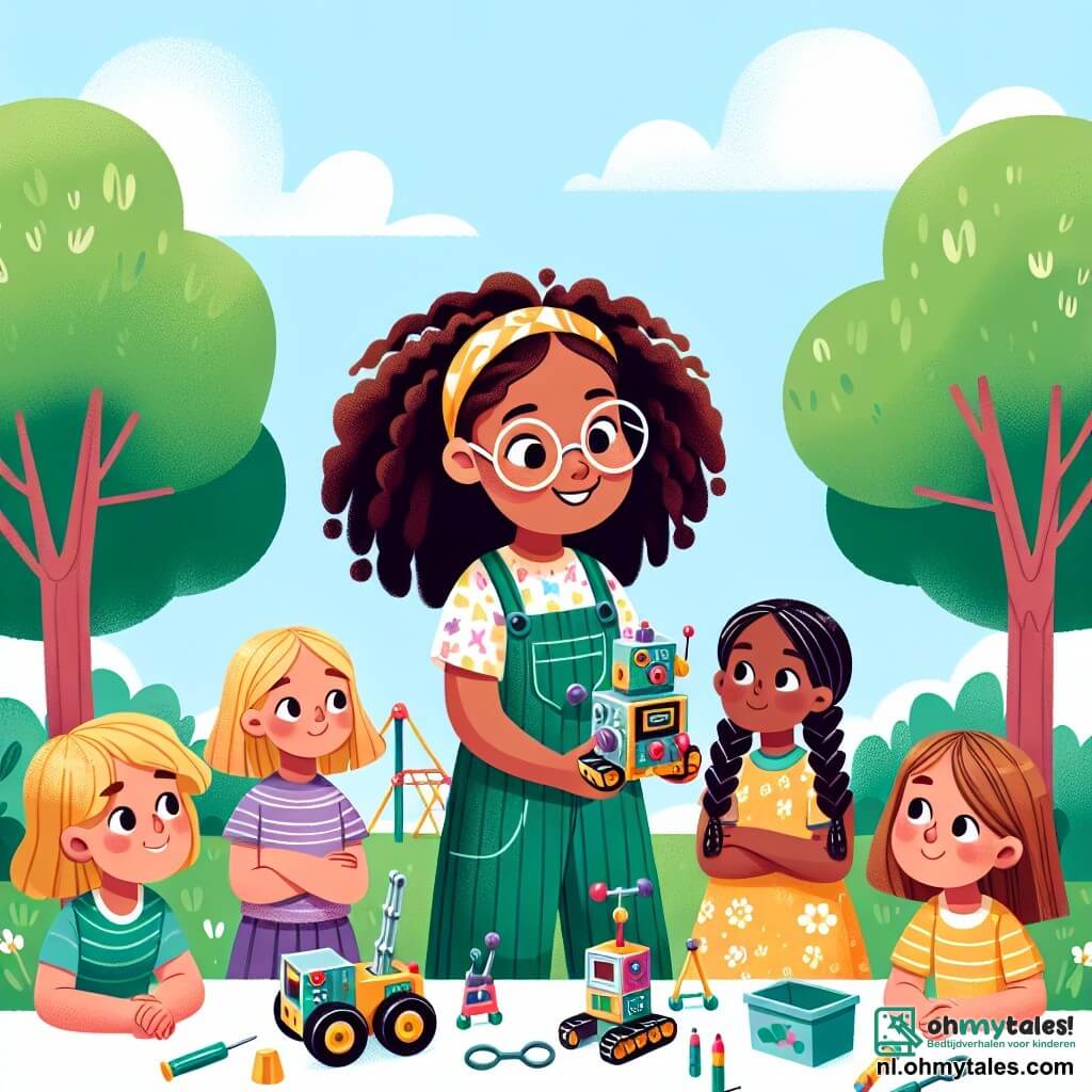 Une illustration sous forme de dessin destinée aux enfants représentant un parc ensoleillé avec des arbres verdoyants et une aire de jeux colorée, où une fille de 9 ans aux cheveux bouclés et aux lunettes, vêtue d'une salopette et d'un t-shirt à motifs, est en train de montrer fièrement son petit robot fait maison à un groupe de ses camarades, dont un garçon aux cheveux blonds et une fille aux cheveux longs tressés, tous deux regardant avec émerveillement et curiosité, illustrant ainsi le thème de l'égalité des genres et l'encouragement à poursuivre ses rêves.