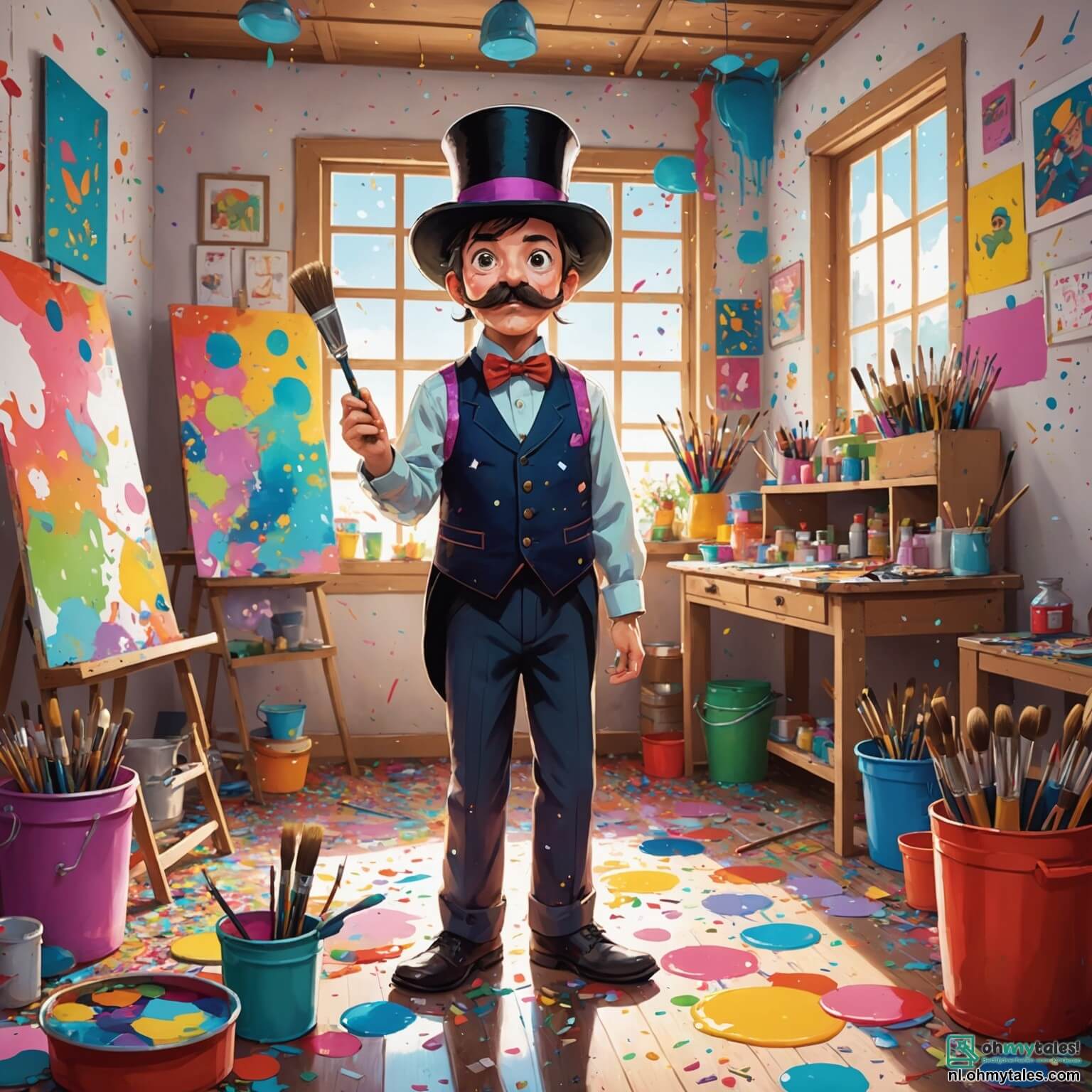 Une illustration destinée aux enfants représentant un homme à la grande moustache colorée, vêtu d'une chemise éclatante et d'un chapeau haut-de-forme orné de pinceaux, se tenant dans son atelier lumineux aux murs tapissés de toiles vibrantes où des éclats de peinture jonchent le sol comme des confettis, alors qu'il enseigne avec passion l'art de la peinture à une petite fille aux yeux pétillants et à la coiffure en couettes, ainsi qu'à un garçon curieux portant une casquette bleue, tous deux émerveillés par la magie des couleurs qui dansent autour d'eux, dans ce lieu où la créativité s'épanouit comme un jardin fleuri sous un ciel azur.