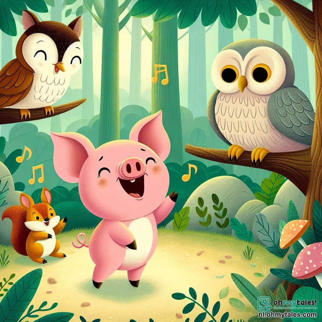 Une illustration sous forme de dessin destinée aux enfants représentant une clairière enchantée au cœur d'une forêt verdoyante, où un petit cochon rose aux yeux pétillants chante joyeusement, entouré de ses amis : un eekhoorn brun aux grandes oreilles qui l'encourage avec un sourire, et une vieille chouette sage aux plumes grises perchée sur une branche, observant la scène avec bienveillance, alors qu'ils se préparent ensemble à retrouver la magie disparue de leur forêt.