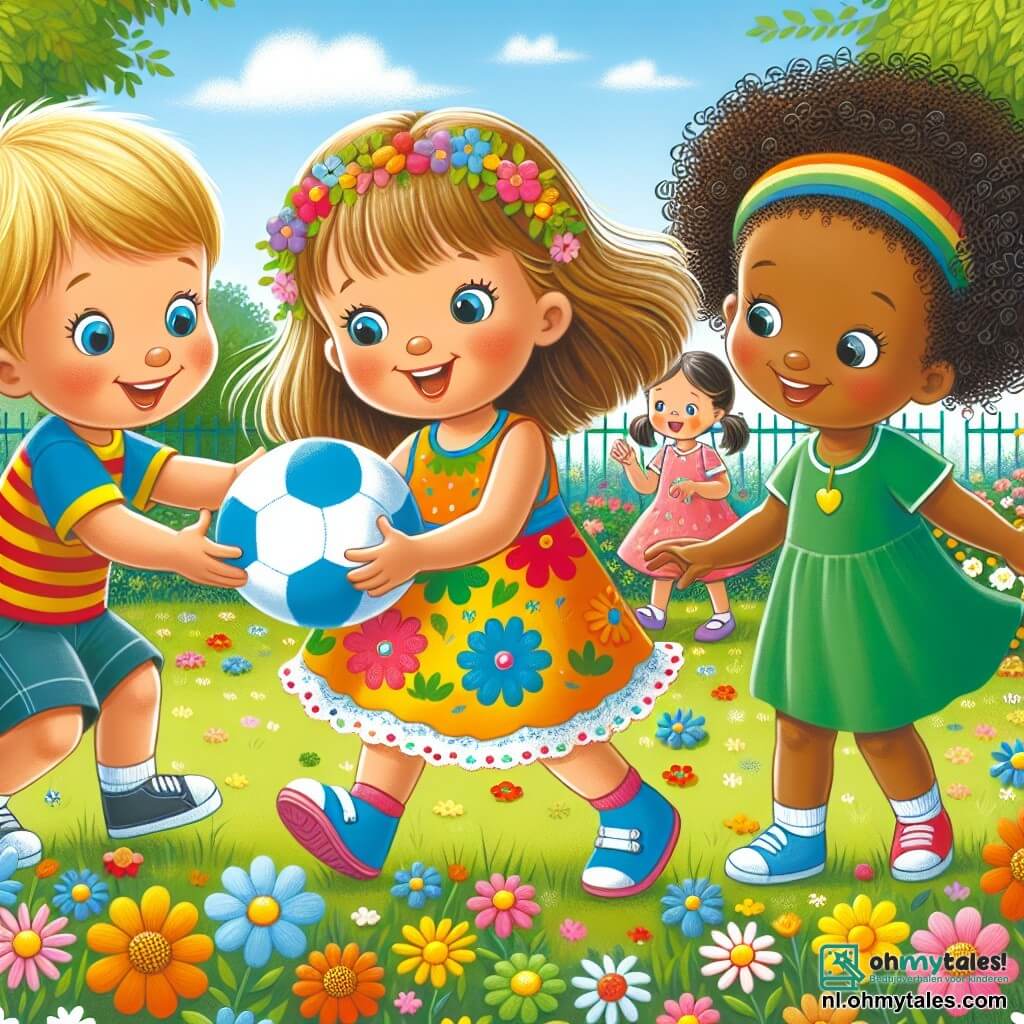Une illustration sous forme de dessin destinée aux enfants représentant un jardin ensoleillé rempli de fleurs colorées, où une petite fille de 3 ans aux cheveux blonds et à la robe colorée joue joyeusement avec une balle, tandis qu'une petite fille d'origine africaine, avec des cheveux crépus et une robe verte, l'encourage avec un grand sourire, et un garçon aux cheveux bruns et à t-shirt bleu les observe avec curiosité, illustrant ainsi l'amitié et la tolérance entre enfants de différentes origines.