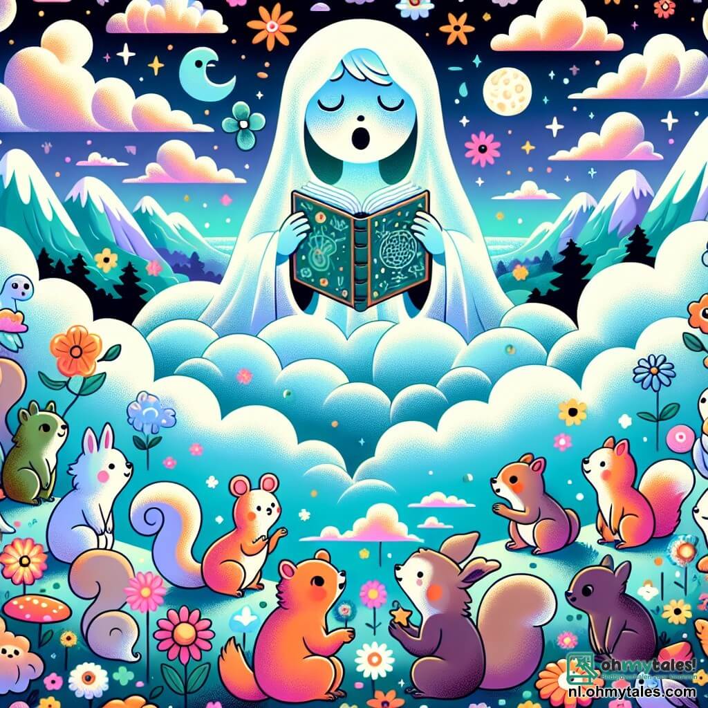 Une illustration sous forme de dessin destinée aux enfants représentant une vaste vallée céleste remplie de nuages moelleux et de fleurs éclatantes, où un fantôme bienveillant, avec un visage doux et lumineux, flotte paisiblement tout en tenant un ancien livre de sorts, entouré de créatures fantastiques comme des eekhoorns parlants aux yeux pétillants et des fleurs chantantes aux couleurs vives, alors qu'ils se rassemblent pour écouter le fantôme réciter une ancienne incantation pour restaurer l'équilibre de leur monde magique.