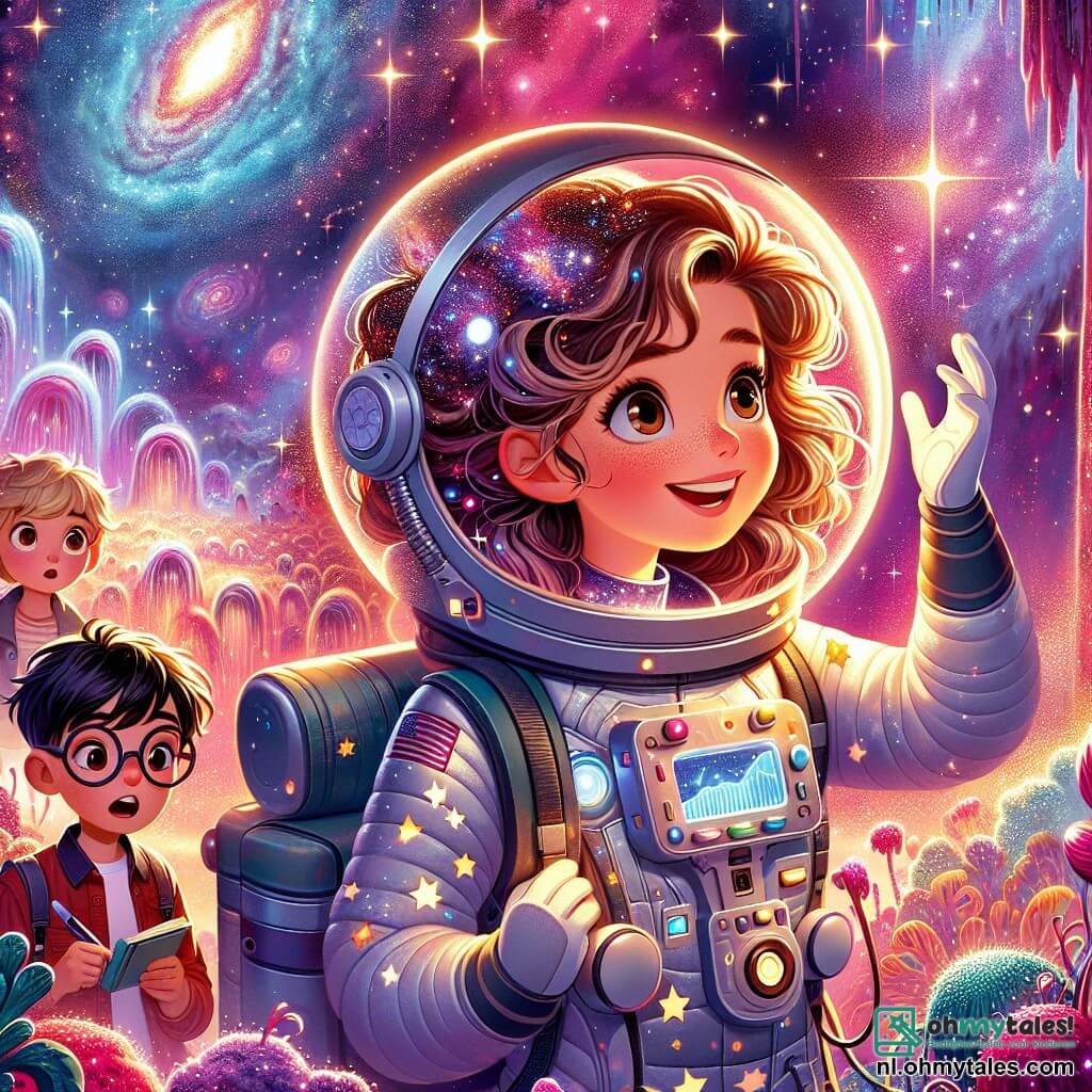 Illustratie van een prachtige kleurrijke nevel in de ruimte, met glinsterende gaswolken in tinten paars, blauw en roze, verlicht door heldere sterren. In het midden van de scène staat een dappere vrouw met lange, krullende bruine haren, gekleed in een zilveren ruimtepak versierd met sterpatronen, met een verwonderde glimlach op haar gezicht. Ze kijkt naar een kleine kleurrijke planeet, verborgen achter gaswolken, terwijl ze een futuristische scanner in haar handen houdt. Naast haar staan twee nevenpersonages: een jongen van ongeveer 10 jaar met rommelig blond haar en ronde brillen, die een glinsterende steen onderzoekt die hij heeft gevonden, en een meisje van ongeveer 8 jaar met zwarte vlechten en een nieuwsgierig gezicht, die aantekeningen maakt in een klein notitieboekje. De hoofdscène toont verwondering en ontdekking terwijl ze samen deze nieuwe planeet verkennen, omringd door de glans van de sterren en de levendige kleuren van de nevel. Extra elementen zijn vreemde planten die lijken te zingen in de wind en lichtflitsen die om hen heen dansen, wat een magische en avontuurlijke sfeer creëert.