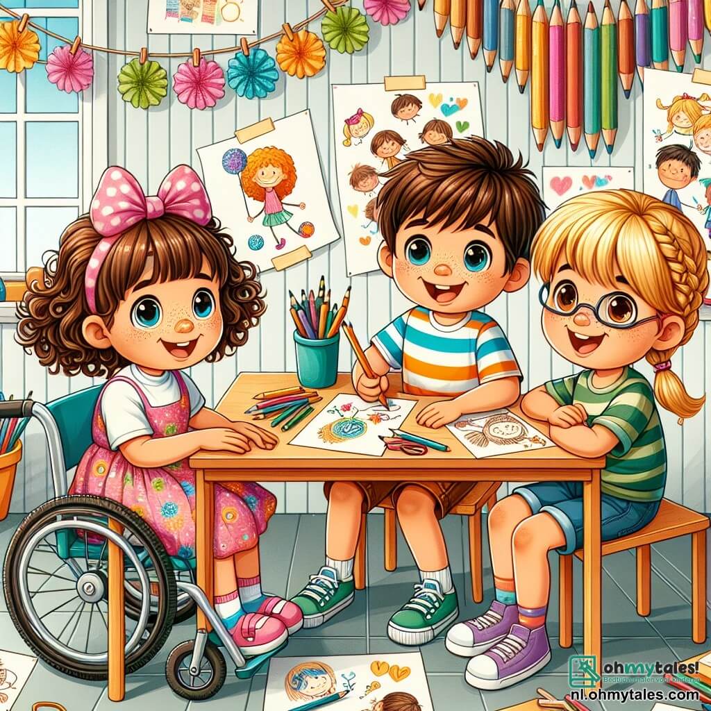 Illustratie van een kleurrijke en uitnodigende klaslokaal, met muren versierd met kindertekeningen en papieren slingers. In het midden is een groep van drie kinderen samengekomen rond een houten tafel, met papier, kleurpotloden en scharen. Er is een 9-jarig meisje met bruin, krullend haar, zittend in een mooie rolstoel. Ze draagt een kleurrijke jurk en heeft een grote glimlach op haar gezicht, terwijl ze enthousiast met een potlood aan het tekenen is. Naast haar staat een ander 9-jarig meisje met gevlochten blond haar, gekleed in een gestreept T-shirt en een short, dat een tekening aan haar vriendin laat zien. Ten slotte zit er een 9-jarige jongen met kastanjebruin haar en een bril op een stoel, met sprankelende ogen van opwinding, terwijl hij aandachtig luistert en aantekeningen maakt in een schrift. De hoofdscène toont de kinderen die vrolijk samenwerken om samen een verhaal te creëren, wat het belang van vriendschap en acceptatie illustreert. Extra grafische elementen zijn kleurrijke spraakballonnen boven hun hoofden met woorden als "Avontuur!" en "Vrienden!", evenals tekeningen van draken en prinsessen op de muren, die hun creativiteit en verbeeldingskracht symboliseren.