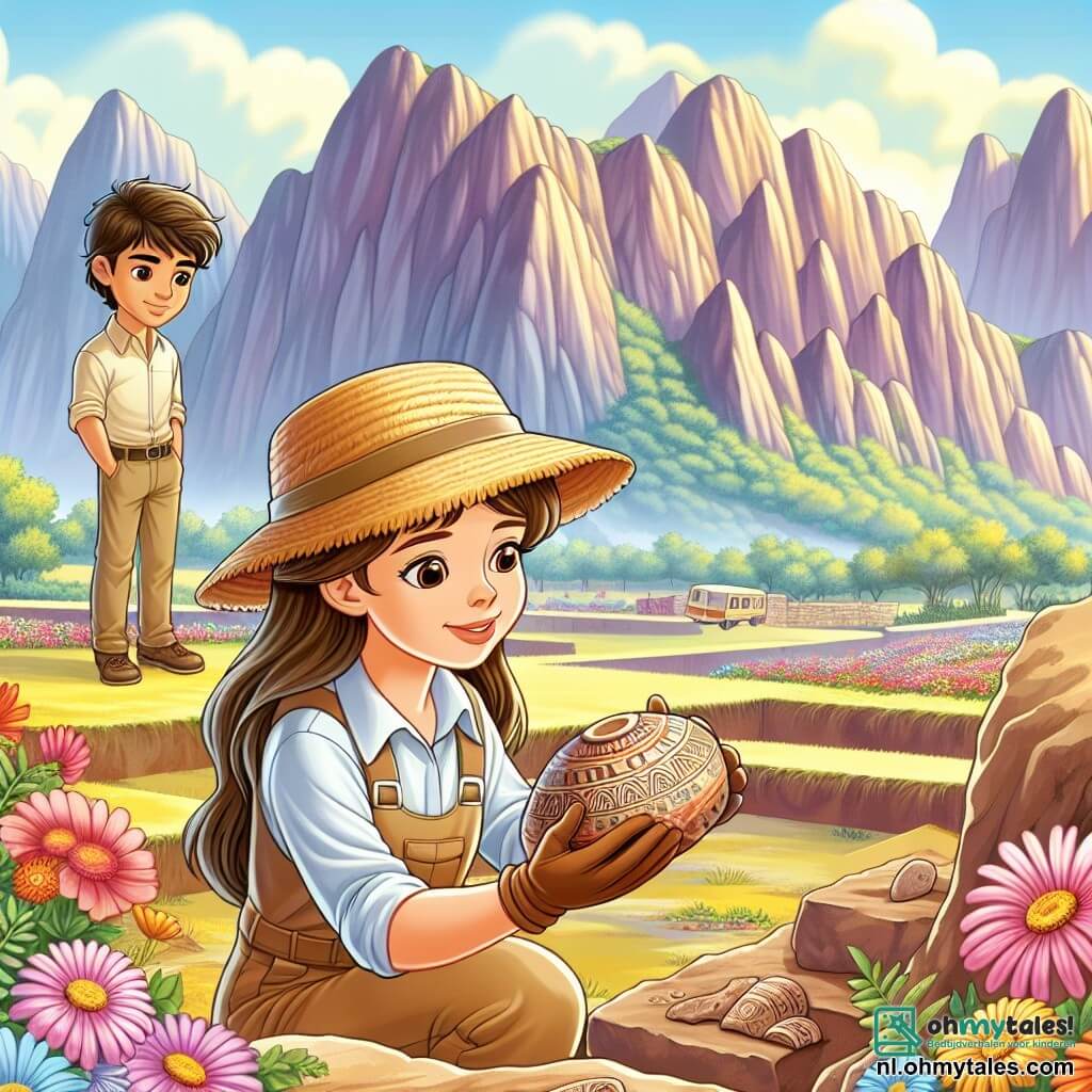 Une illustration sous forme de dessin destinée aux enfants représentant une vaste opgravingssite ensoleillée, entourée de majestueuses montagnes et de fleurs colorées, où une jeune femme aux longs cheveux bruns, portant un chapeau de paille et une tenue d'archéologue, s'agenouille avec enthousiasme pour examiner un magnifique morceau d'argile décoré, tandis qu'un jeune homme aux cheveux courts et à la peau bronzée, vêtu d'une chemise légère, l'observe avec un sourire admiratif, et ensemble, ils découvrent des trésors anciens enfouis dans la terre, symbolisant leur passion pour l'histoire et l'aventure.