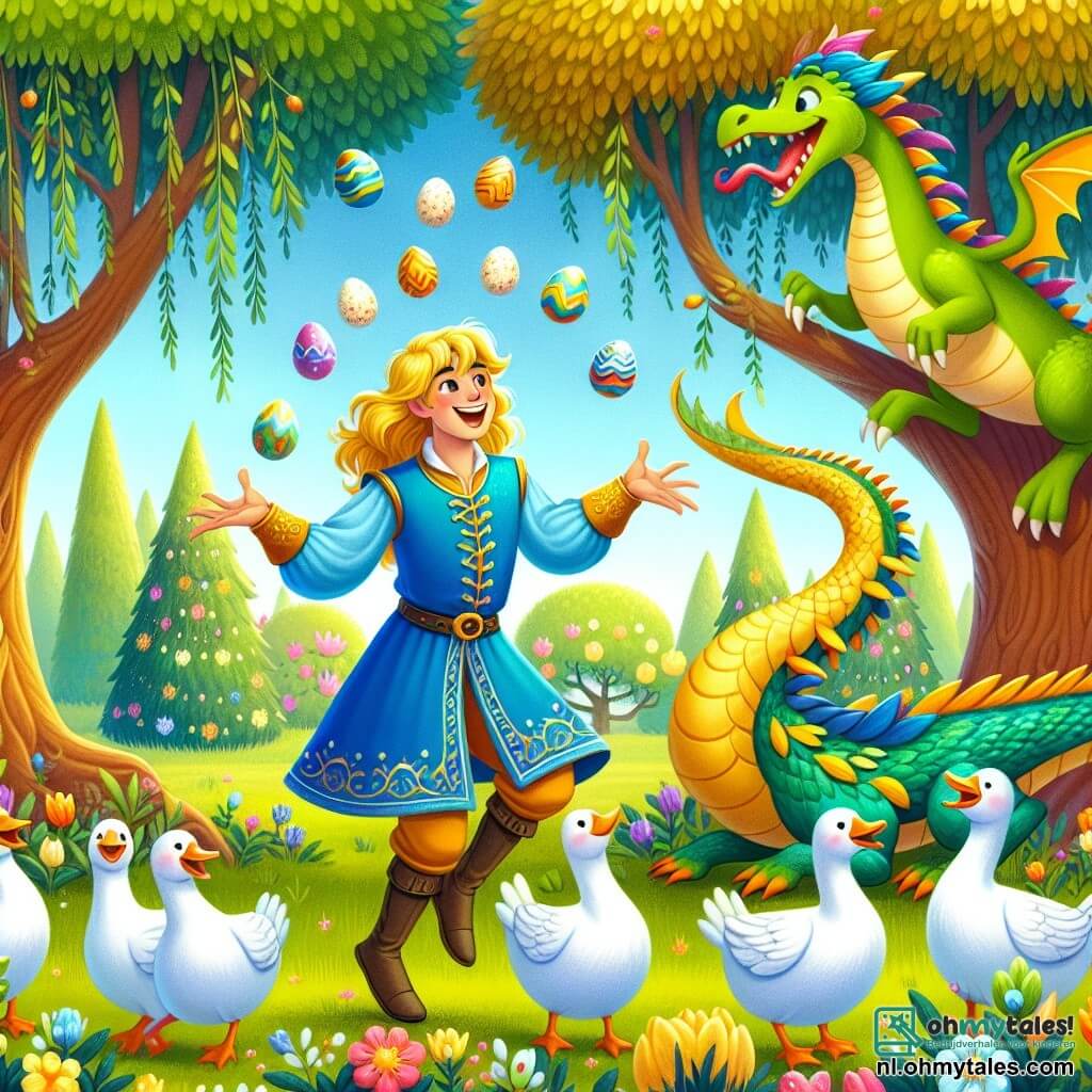 Une illustration sous forme de dessin destinée aux enfants représentant un magnifique jardin enchanté du royaume, avec des arbres aux couleurs vives et des fleurs scintillantes, où un prince aux cheveux dorés et à la tunique bleue, souriant et joyeux, danse avec un dragon rigolo aux écailles multicolores qui essaie de jongler avec des œufs, tandis qu'un groupe d'oies aux plumes blanches et jaunes les regarde en riant, illustrant un moment de camaraderie et de joie dans leur quête pour organiser un grand festin.