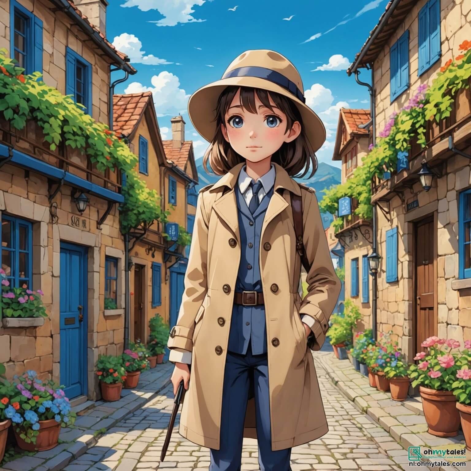 Une illustration destinée aux enfants représentant une jeune fille intrépide aux yeux pétillants de curiosité, vêtue d'un trench-coat beige et d'un chapeau de détective, se tenant au milieu d'un petit village pittoresque aux maisons colorées aux volets bleus, entourée de ruelles pavées et de jardins fleuris, alors qu'elle se lance dans une quête palpitante pour retrouver les précieuses perles disparues de la gentille artiste du village, avec à ses côtés son meilleur ami, un garçon au sourire malicieux et aux cheveux en bataille, et un nouveau camarade, un jeune garçon timide aux lunettes rondes, tous deux prêts à l'aider dans cette aventure pleine de mystères et de rebondissements.