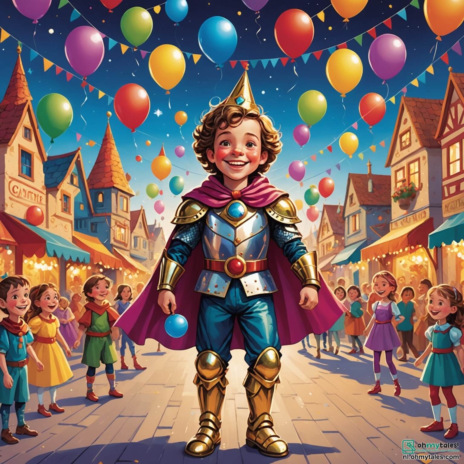 Une illustration destinée aux enfants représentant un garçon aux yeux pétillants et au sourire éclatant, vêtu d'une armure en carton brillant et d'une cape colorée, se tenant au milieu d'un village animé par le carnaval, où des ballons multicolores flottent dans l'air, des clowns rieurs jonglent avec des balles scintillantes, et des enfants déguisés en princesses et animaux dansent joyeusement sous des guirlandes de lumières étincelantes, tandis que son meilleur ami, un garçon déguisé en singe espiègle, l'accompagne dans sa quête pour retrouver une clé magique perdue dans un jardin enchanté, où des fleurs éclatantes et des fontaines chatoyantes créent une atmosphère féerique.