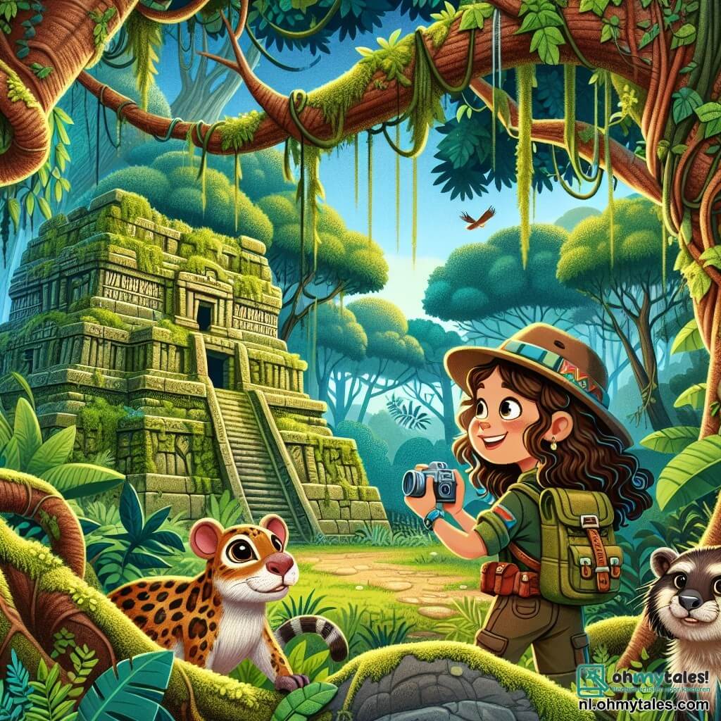 Une illustration sous forme de dessin destinée aux enfants représentant une jungle luxuriante avec des arbres géants et des lianes, où une jeune femme aux cheveux bruns et bouclés, portant un chapeau d'explorateur et un sac à dos, observe avec émerveillement une ancienne temple recouvert de mousse, tandis qu'à ses côtés, un capibara curieux aux grands yeux et une jaguar majestueuse aux taches dorées jouent ensemble, capturant l'instant où la jeune femme découvre la véritable richesse de la jungle, entourée de couleurs vives et de détails enchanteurs qui évoquent l'aventure et la magie de la nature.