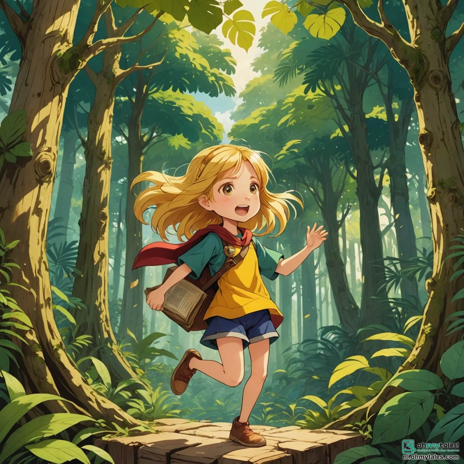 Une illustration destinée aux enfants représentant une petite fille intrépide aux cheveux dorés flottant au vent, vêtue d'une tunique colorée et d'un short pratique, se tenant au bord d'une jungle luxuriante où les arbres géants aux troncs noueux et aux feuilles brillantes s'entrelacent, tandis qu'elle scrute avec émerveillement un ancien livre aux pages jaunies, entourée de ses deux fidèles amis, un garçon curieux aux lunettes rondes et une fille sportive à la chevelure brune, tous trois prêts à se lancer dans une quête palpitante pour découvrir la légendaire fleur étoilée cachée au cœur de cette nature sauvage et mystérieuse, où le chant des oiseaux exotiques et le murmure d'une rivière cristalline créent une mélodie envoûtante.