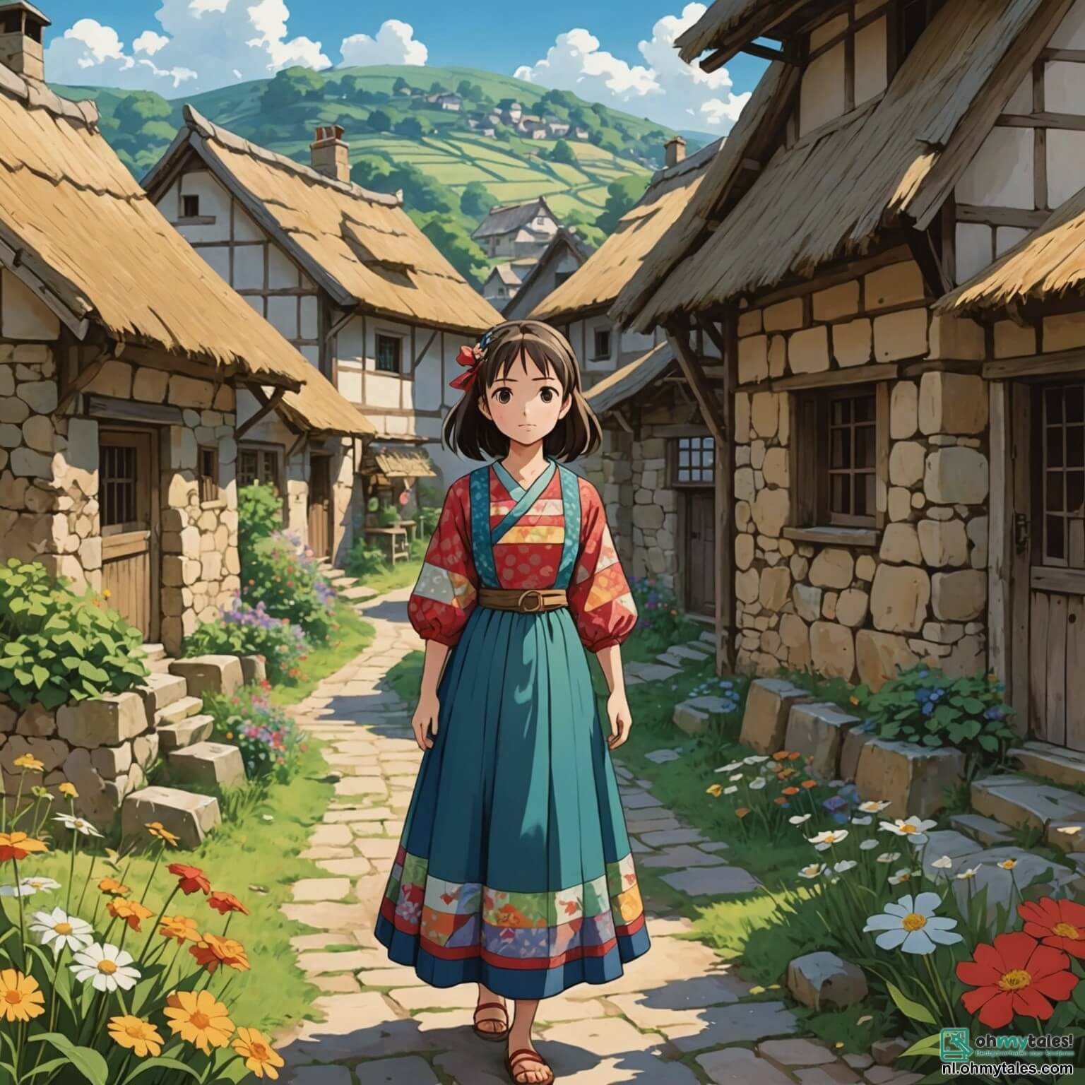 Une illustration destinée aux enfants représentant une femme au regard déterminé, vêtue d'une robe de patchwork colorée, se tenant au milieu d'un village paisible aux maisons en pierre aux toits de chaume, où les fleurs sauvages dansent au gré du vent, tandis qu'elle tente de rassembler les villageois, des hommes et des femmes aux visages marqués par l'inquiétude, pour les convaincre de choisir le dialogue plutôt que la guerre face à l'ombre menaçante d'une armée qui approche à l'horizon, où les enfants, un garçon aux cheveux bouclés et une fille aux tresses, jouent innocemment près d'un vieux chêne, ignorant le tumulte qui se prépare autour d'eux.