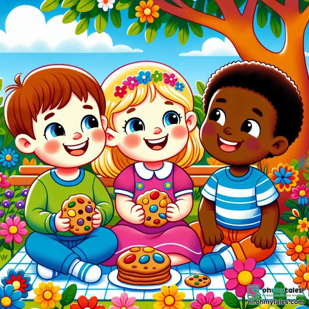 Une illustration sous forme de dessin destinée aux enfants représentant un jardin coloré avec des fleurs éclatantes et une grande arbre, où un garçon de 3 ans aux cheveux bruns et aux yeux pétillants, souriant joyeusement, partage une délicieuse collation de biscuits avec une fille de 4 ans aux cheveux blonds et aux yeux bleus, tandis qu'un garçon de 4 ans aux cheveux noirs et à la peau caramel, assis à côté d'eux, rit et écoute attentivement leurs histoires, illustrant ainsi l'amitié et la tolérance entre enfants de différentes origines.