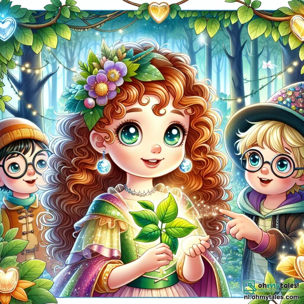Une illustration sous forme de dessin destinée aux enfants représentant une scène magique dans une forêt enchantée, où une fille de 7 ans aux cheveux bouclés et aux yeux pétillants, vêtue d'une robe colorée, tient une feuille brillante d'une plante magique, tandis qu'à ses côtés, deux amis – un garçon aux lunettes et une fille avec un chapeau créatif – l'observent avec émerveillement, alors qu'ils découvrent ensemble les merveilles de leur aventure pour sauver leur village.