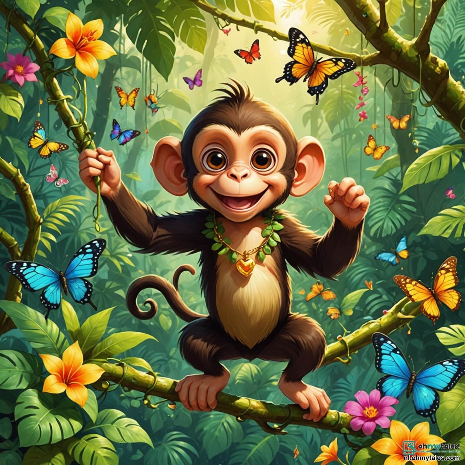Une illustration destinée aux enfants représentant un singe espiègle aux yeux pétillants et à la fourrure dorée, suspendu avec agilité à une liane dans une jungle luxuriante où les rayons du soleil filtrent à travers le feuillage dense, illuminant des fleurs éclatantes de couleurs vives et des papillons virevoltants, tandis qu'il essaie de retrouver son précieux collier de noix perdu, aidé par ses amis, un toucan aux plumes chatoyantes et une tortue sage, le tout dans un cadre vibrant de vie où le chant des oiseaux et le murmure des ruisseaux créent une mélodie envoûtante.