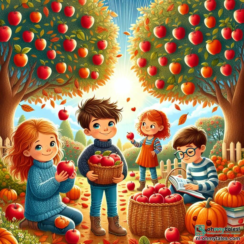 Illustratie van een herfstscène in een mooie tuin. De grond is bedekt met gouden en rode bladeren, terwijl majestueuze bomen met takken vol rode appels op de achtergrond staan. In het midden staat een jongen van ongeveer 8 jaar met rommelig bruin haar en een warme blauwe trui, die glimlacht terwijl hij een grote glanzende appel in zijn hand houdt. Naast hem is een meisje van ongeveer 7 jaar met krullend rood haar en een oranje jurk, dat appels aan het verzamelen is in een grote rieten mand. Een andere jongen van 9 jaar met een bril en kastanjebruin haar bladert geconcentreerd door een receptenboek. De sfeer is vrolijk en levendig, met zonnestralen die door de takken schijnen en een warme gloed op de gezichten van de kinderen creëren. Decoratieve pompoenen zijn verspreid om hen heen, wat een feestelijke touch aan de scène toevoegt.