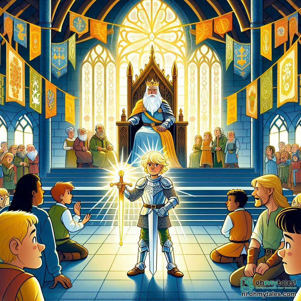 Une illustration sous forme de dessin destinée aux enfants représentant l'intérieur majestueux du Kasteel Glimrond, avec de hauts plafonds ornés de bannières colorées, où un courageux chevalier aux cheveux blonds et à l'armure étincelante, tenant un épée brillante, se tient déterminé devant un roi âgé à la barbe blanche et au visage bienveillant, assis sur son trône, tandis qu'un groupe de villageois inquiets, aux visages soucieux, se rassemble autour d'eux, illustrant le moment crucial où le chevalier s'apprête à partir en quête pour sauver son royaume d'une terrible maladie.