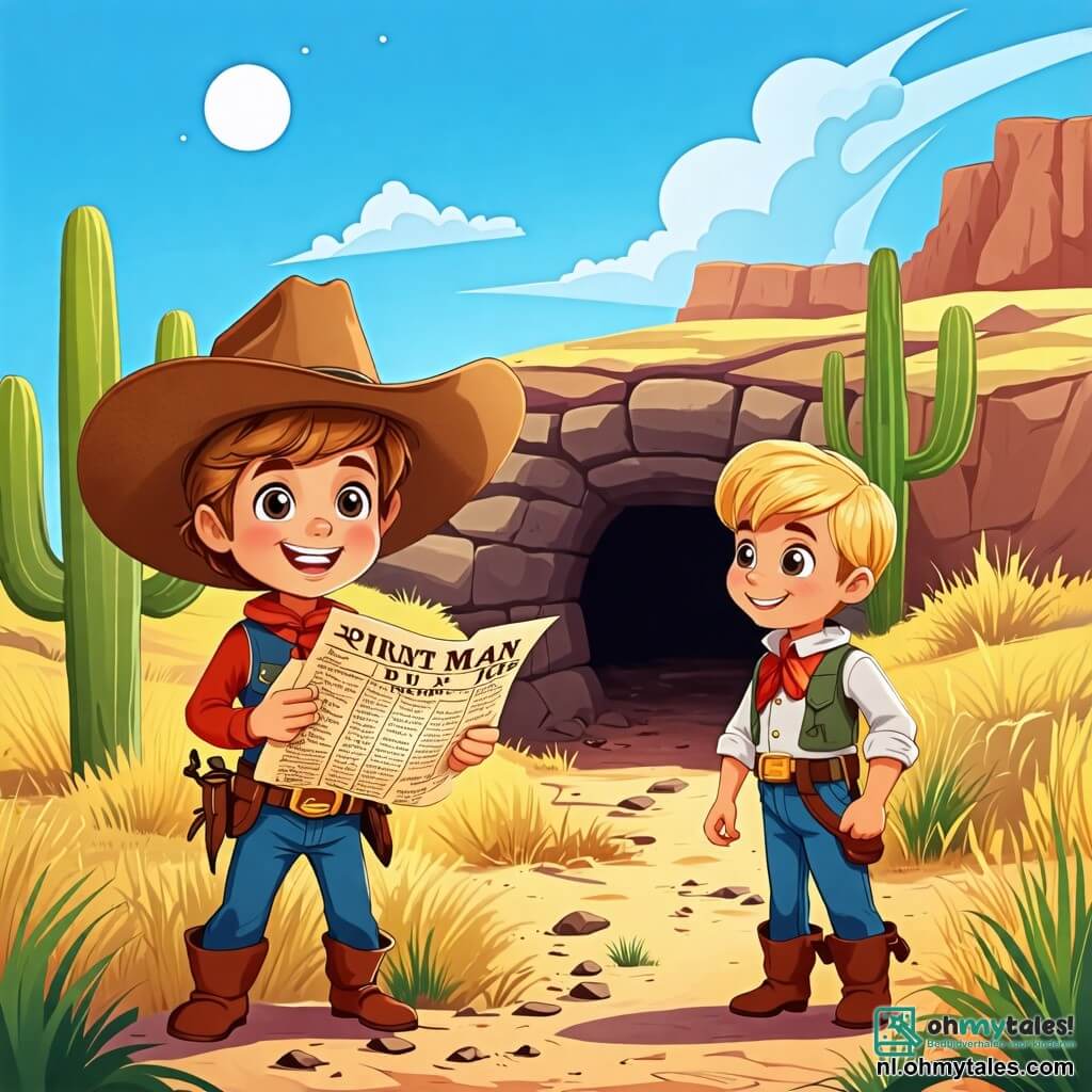 Une illustration sous forme de dessin destinée aux enfants représentant un paysage de prairie dorée sous un ciel bleu éclatant, avec un jeune cowboy aux cheveux bruns et à la grande hat, souriant et tenant une carte au trésor, tandis que son ami, un garçon aux cheveux blonds et aux yeux pétillants, l'observe avec enthousiasme, tous deux se tenant devant l'entrée d'une vieille mine sombre, symbolisant leur quête audacieuse pour retrouver une légendaire cachette de trésor, avec des cactus et des montagnes en arrière-plan ajoutant une touche d'aventure.