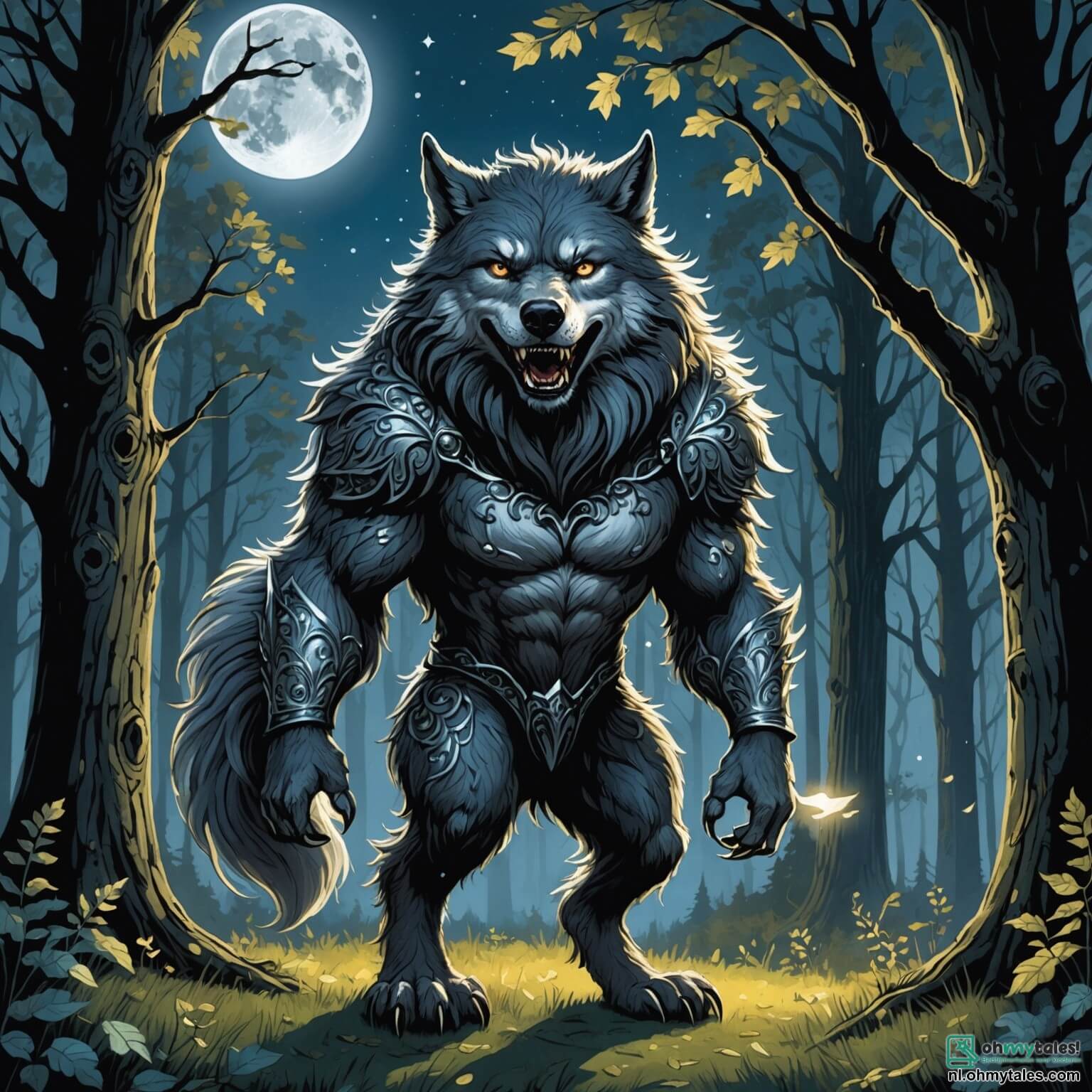 Une illustration destinée aux enfants représentant un loup-garou majestueux, avec une fourrure argentée scintillante sous la lumière de la lune, ses yeux brillants comme des étoiles, se tenant au bord d'une clairière enchantée, entourée de grands arbres aux troncs noueux et aux feuilles chatoyantes qui dansent doucement dans le vent nocturne, alors qu'il se prépare à rencontrer une petite fille au sourire éclatant, pleine de courage et de curiosité, qui a bravé les ombres du bois mystérieux pour découvrir les secrets de la nuit, tandis qu'un sage hibou, perché sur une branche, observe la scène avec des yeux sages, prêt à livrer ses conseils à cette improbable alliance dans ce lieu magique où les murmures des créatures fantastiques se mêlent aux chants des étoiles.