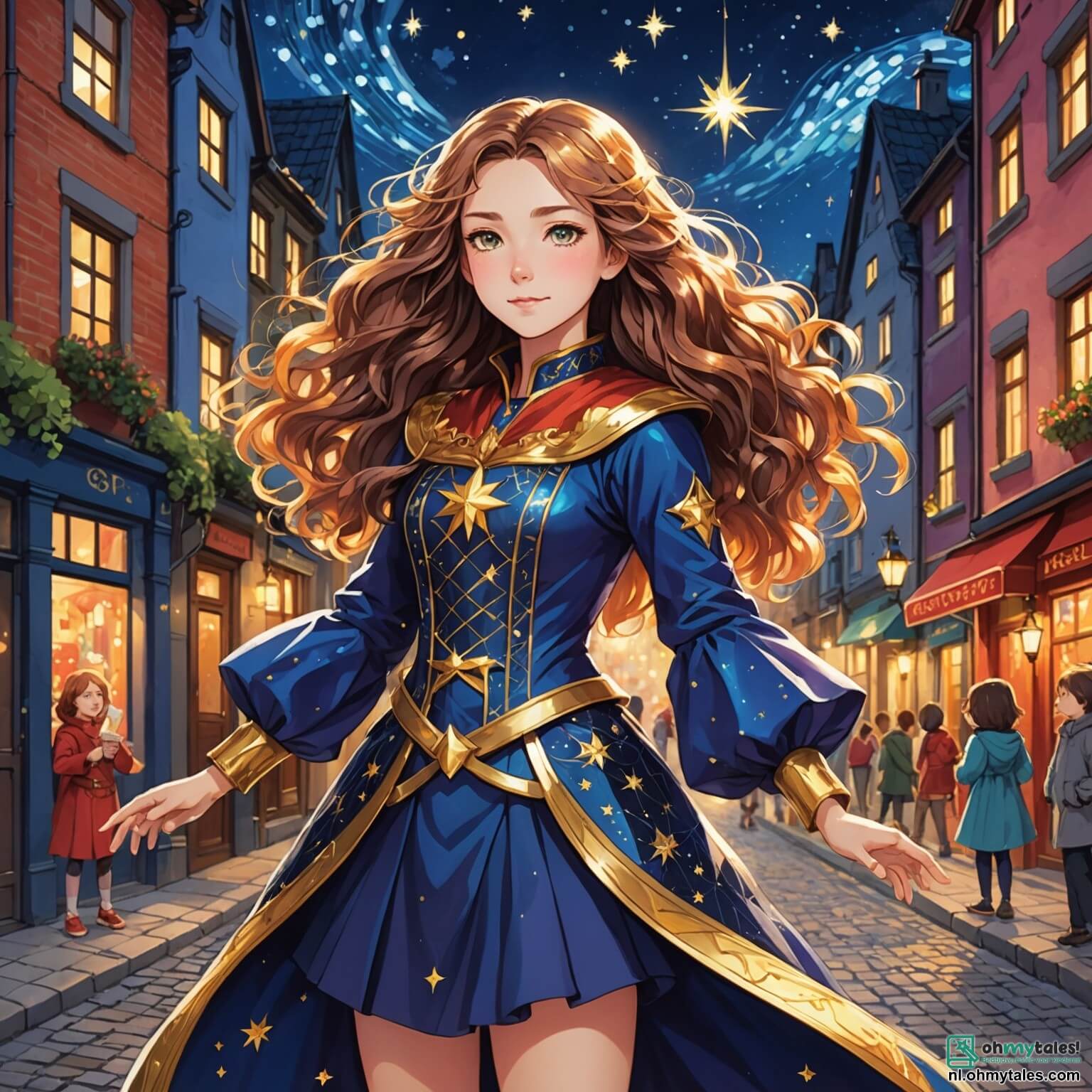Une illustration destinée aux enfants représentant une femme héroïque aux cheveux longs et ondulés, scintillant comme la nuit étoilée, vêtue d'un costume flamboyant qui brille de mille feux, se tenant fièrement au centre d'une ville colorée appelée Sterrenstad, où les maisons sont peintes de teintes vives et les rues pavées sont animées par des enfants joyeux, tandis qu'elle se prépare à défendre sa ville contre un vilain homme à l'allure sombre et menaçante, le scientifique maléfique qui veut voler les étoiles, entourée de citoyens, garçons et filles, qui l'encouragent avec des visages pleins d'espoir et de détermination, tous sous un ciel bleu éclatant où les nuages blancs dansent doucement.