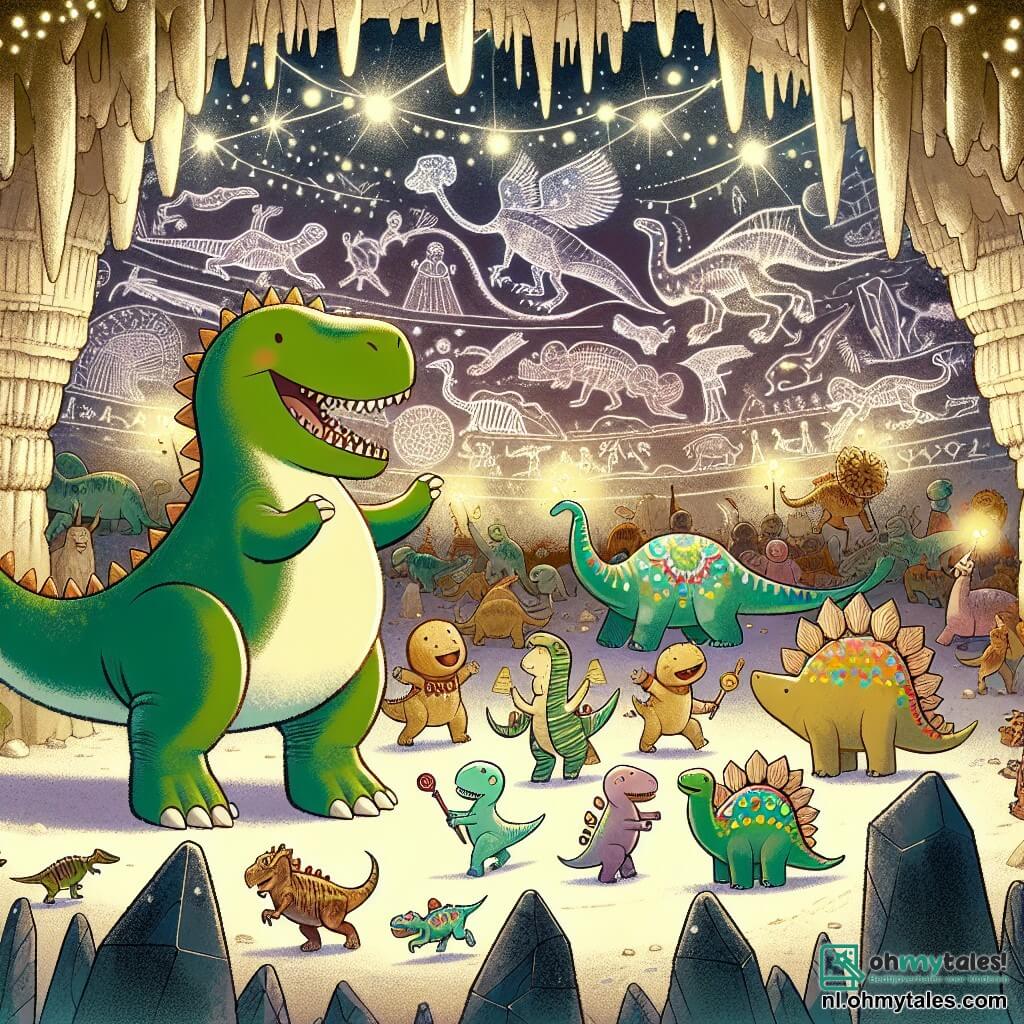 Une illustration sous forme de dessin destinée aux enfants représentant une vaste grotte mystérieuse ornée de magnifiques dessins préhistoriques, avec un grand Tyrannosaure Rex à la peau verte et brillante, joyeusement en train de danser avec un petit stégosaure aux plaques colorées, tandis qu'un groupe de dinosaures variés, dont des Triceratops et des Velociraptors, les entoure en célébrant un festival festif, illuminé par des cristaux scintillants et une douce lumière dorée.