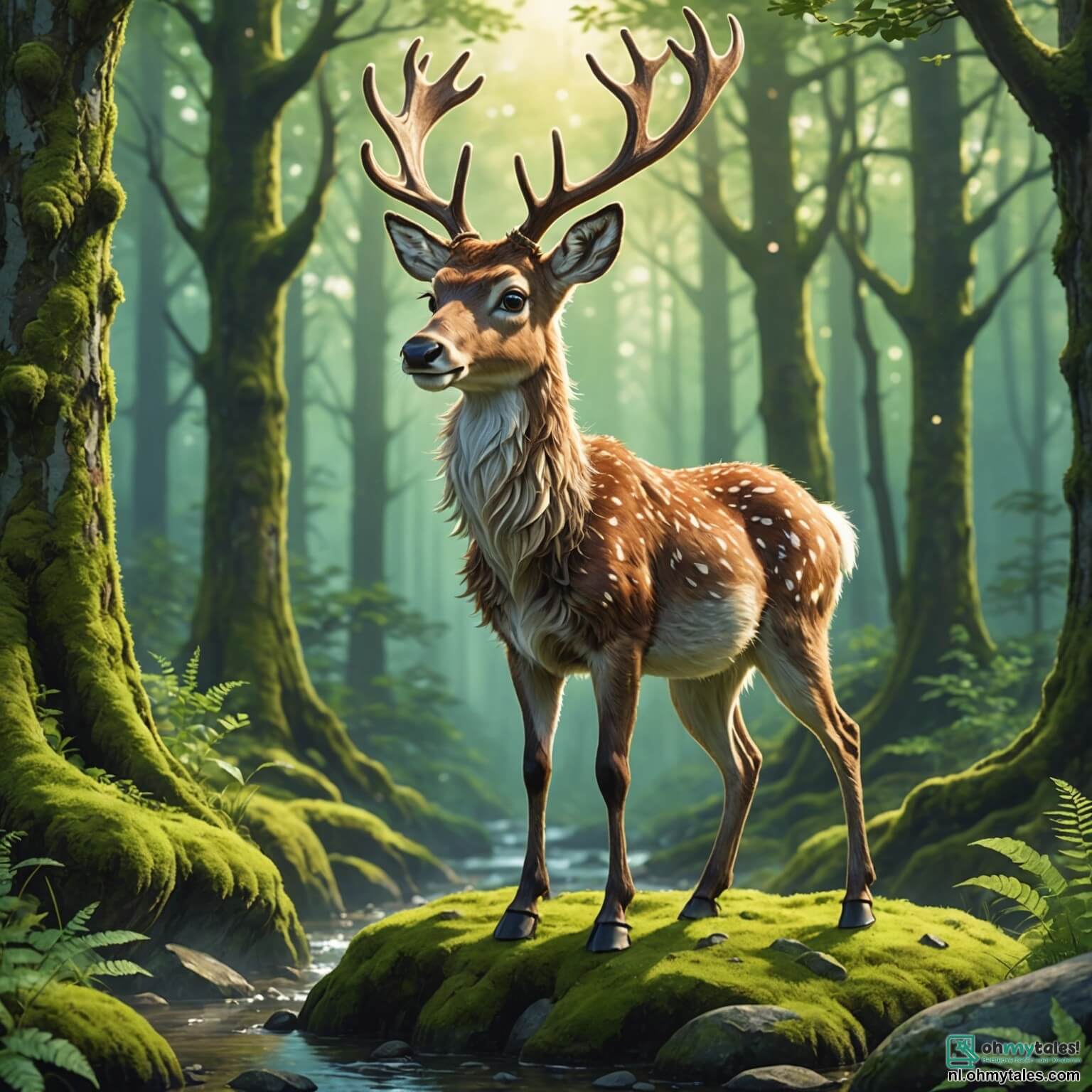 Une illustration destinée aux enfants représentant un jeune renne à la fourrure brune éclatante, aux yeux pétillants de curiosité, se tenant fièrement sur une douce rocher recouvert de mousse verdoyante à la lisière d'une forêt enchantée, où les arbres majestueux aux troncs noueux s'élèvent vers le ciel, leurs feuilles scintillant comme des émeraudes sous le doux soleil du matin, tandis qu'il rêve d'aventures au-delà des limites de son monde familier, entouré de ses amis colorés, des oiseaux chanteurs aux plumes chatoyantes et des lapins espiègles aux grandes oreilles, tous prêts à l'accompagner dans sa quête pour découvrir la légendaire cascade magique qui promet de révéler les rêves les plus précieux.