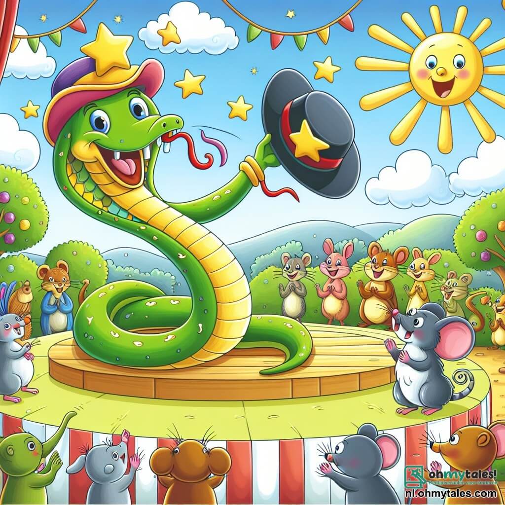 Une illustration sous forme de dessin destinée aux enfants représentant un parc ensoleillé de Snuffelville, avec un serpent vert aux écailles brillantes et à la grande chapeau coloré, qui danse joyeusement sur une scène, tandis qu'un petit rongeur aux grandes oreilles et à une étoile sur sa tête applaudit avec enthousiasme, entouré d'autres animaux curieux, tous admirant le serpent qui essaie de récupérer sa chapeau emporté par le vent, créant une ambiance festive et amusante.