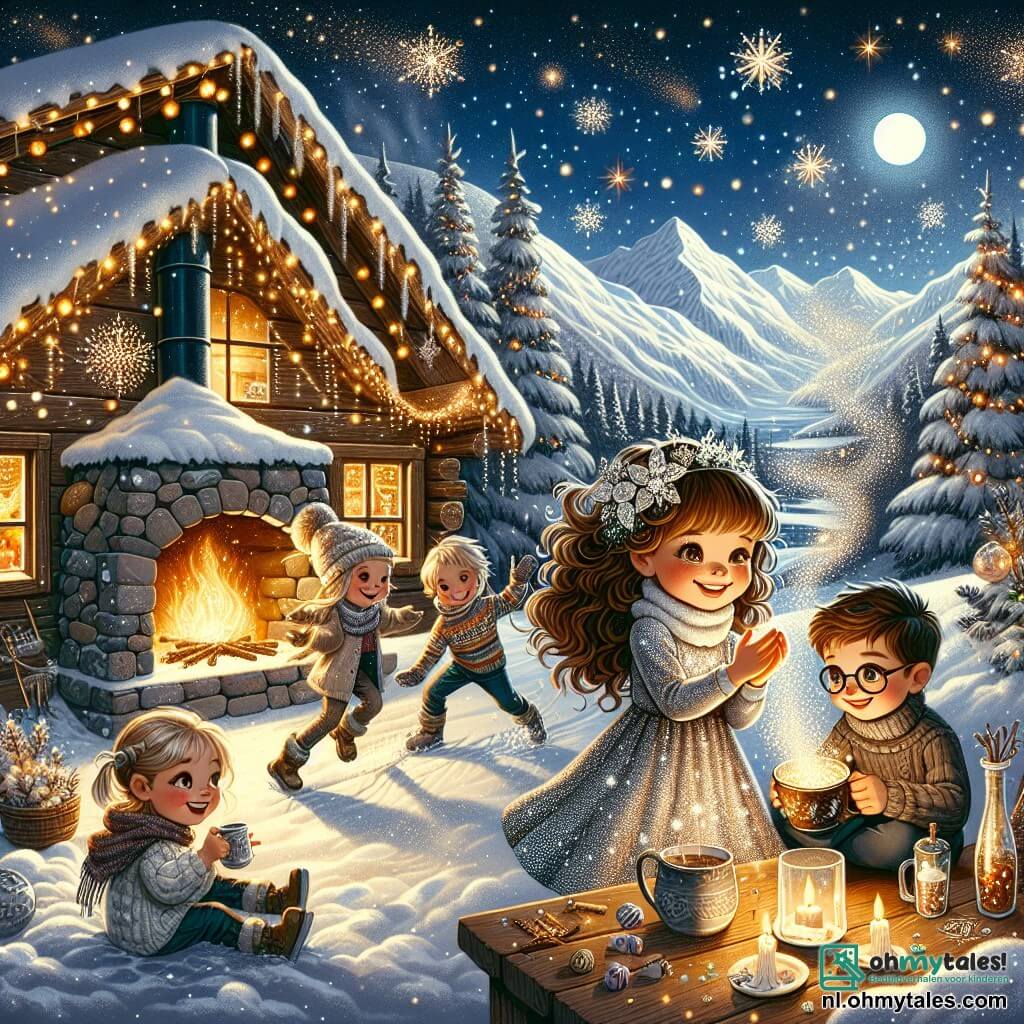 Illustratie van een magische scène van de nieuwjaarsviering in een warm houten chalet, omringd door glinsterende besneeuwde bergen onder een sterrenhemel. Binnen straalt een grote stenen open haard een zachte warmte uit, en lichtjes versieren de houten muren. Op de voorgrond staat een 11-jarig meisje met krullend kastanjebruin haar in een glinsterende zilveren jurk die schittert in het kaarslicht. Ze glimlacht verwonderd terwijl ze een dampende kop warme chocolademelk vasthoudt, met stralende ogen van opwinding. Naast haar spelen twee kinderen, een 10-jarige jongen met een rommelige blonde haardos en een bril, en een 9-jarig meisje met zwarte vlechten, die zich vermaken met het bouwen van een grote sneeuwbal, lachend en sneeuwvlokken om hen heen gooiend. De hoofdscène toont de opwinding en vreugde van het moment, met gelach, zacht vallende sneeuwvlokken buiten en de anticipatie van de naderende nieuwjaarsviering. Extra grafische elementen zijn feestversieringen, kleurrijke confetti die in de lucht zweeft en fonkelende lichten die een feestelijke sfeer aan de scène toevoegen.
