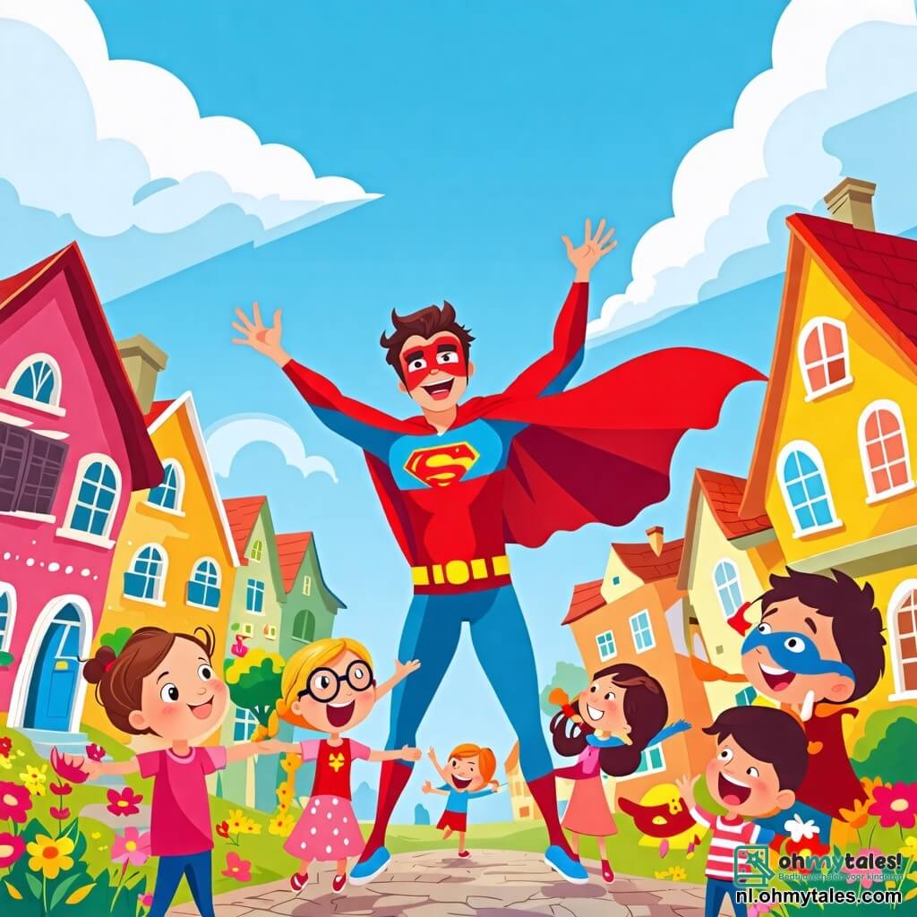 Illustratie van een kleurrijk en levendig dorp, met huizen met heldere gevels, stralende bloemen en een blauwe lucht bezaaid met donzige witte wolken. In het midden van de scène danst een man in een superheldenkostuum, met een wapperende rode cape en een te kleine masker, op komische wijze met zijn armen in de lucht en een grote glimlach op zijn gezicht. Hij heeft rommelig bruin haar en een bril die van zijn neus glijdt. Om hem heen kijkt een groep blije kinderen van ongeveer 6 tot 10 jaar met verwondering. Onder hen lacht een meisje met gevlochten blond haar in een roze jurk luidop, terwijl een jongen met rommelig zwart haar in een blauwe t-shirt haar probeert na te doen door ongemakkelijk te dansen. De hoofdscène toont de superheld die, in plaats van de situatie te redden, een feestelijke sfeer creëert door iedereen aan het lachen te maken met zijn gekke bewegingen. Gelach en blije bubbels zweven om hen heen, terwijl enkele kleurrijke confetti-vederen uit de lucht vallen, wat een feestelijke toets aan de illustratie toevoegt.