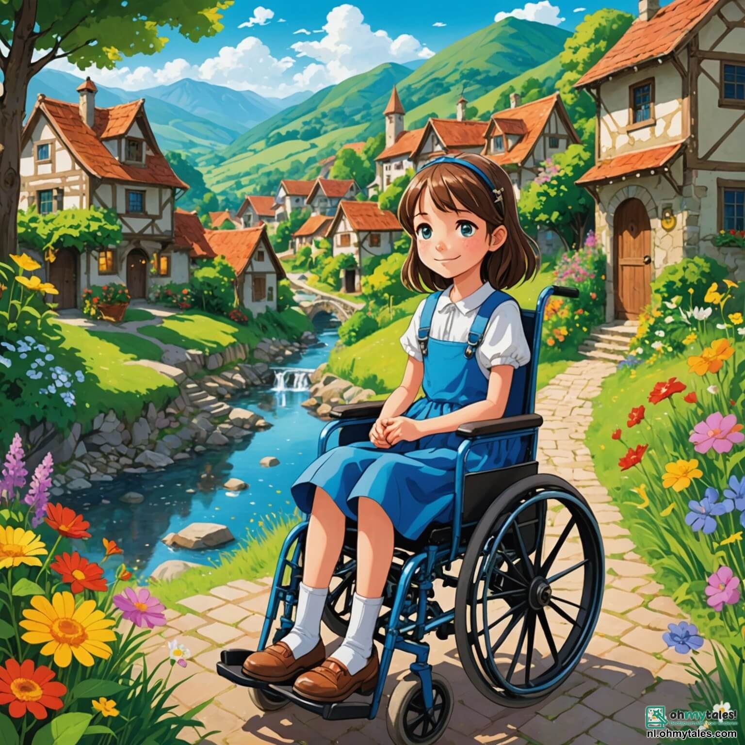 Une illustration destinée aux enfants représentant une fille pétillante aux yeux brillants, assise dans une élégante chaise roulante ornée de couleurs vives, qui rêve d'aventures extraordinaires dans un charmant petit village entouré de collines verdoyantes, de fleurs éclatantes et d'un ruisseau murmurant, où elle est entourée de sa meilleure amie, une fille pleine d'énergie et de joie, ainsi que d'un garçon au sourire timide, tous unis par le désir de créer ensemble des histoires inspirantes sur le handicap et la force de l'amitié, tout en partageant des moments de bonheur sous le doux soleil d'un après-midi d'été.