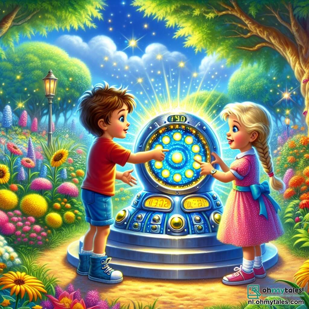 Illustratie die een levendige scène in een zonnige tuin weergeeft, vol kleurrijke bloemen en grote groene bomen. In het midden staat een ronde, glanzende machine in blauw met gele stippen, die een zachte licht en sprankelende vonken uitstraalt. Twee kinderen staan voor de machine: een vierjarige jongen met rommelig bruin haar, gekleed in een rode t-shirt en blauwe shorts, die met grote ogen nieuwsgierig naar de machine kijkt. Naast hem staat een vierjarig meisje met gevlochten blond haar, gekleed in een roze jurk met witte stippen, die vrolijk glimlacht en met haar vinger naar de machine wijst. De belangrijkste situatie toont de kinderen die de mysterieuze machine verkennen, klaar om op de knoppen te drukken en hun avontuur in de tijd te beginnen. Op de achtergrond zingen vogels en de lucht is helderblauw, wat een vleugje magie toevoegt aan deze scène van verkenning en ontdekking.
