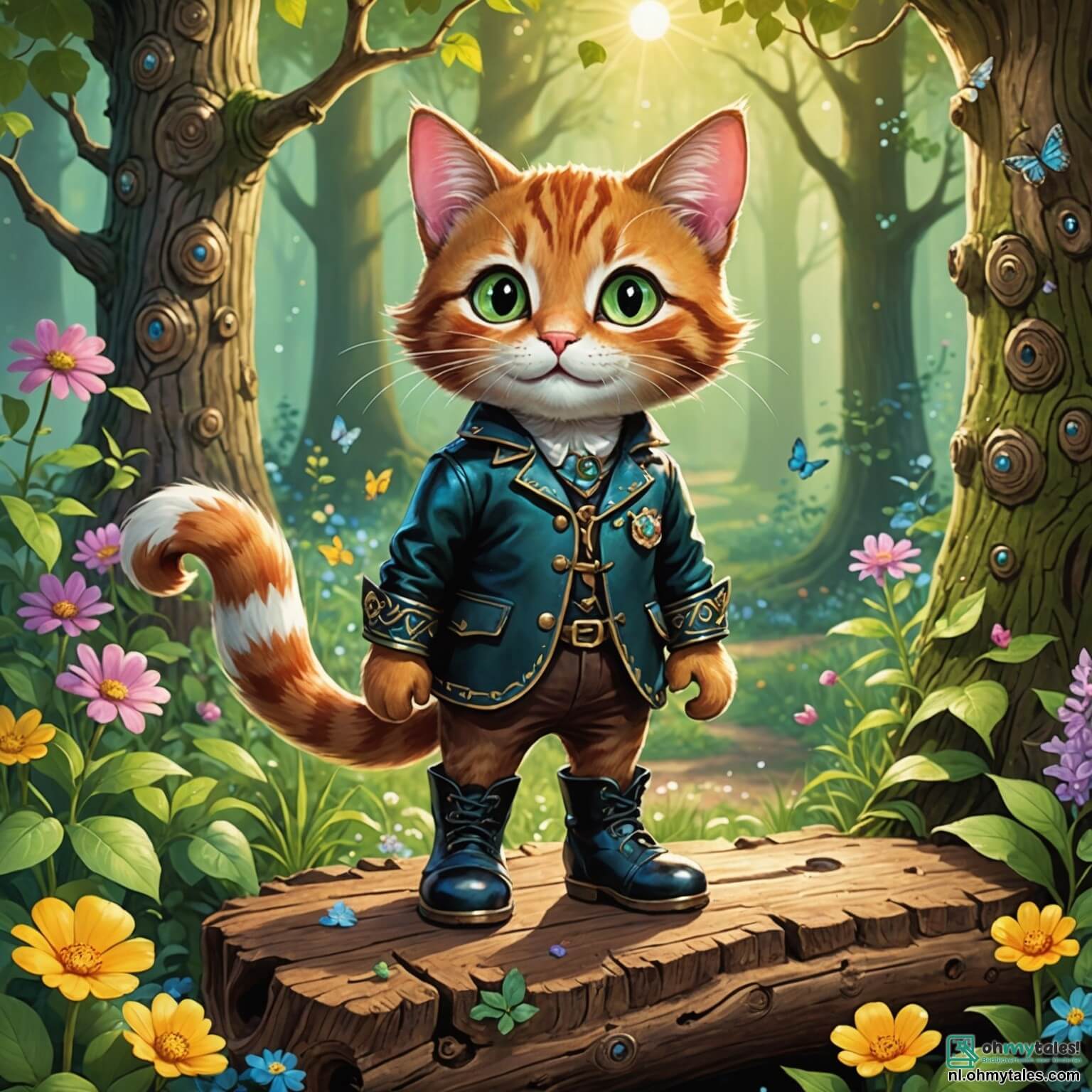 Une illustration destinée aux enfants représentant un chat élégant aux bottes en cuir brillantes, aux yeux pétillants de malice et à la queue enroulée avec assurance, se tenant fièrement sur un vieux tronc d'arbre au cœur d'une forêt enchantée, où les rayons du soleil filtrent à travers les feuilles verdoyantes, illuminant les fleurs colorées qui dansent au rythme d'une douce brise, tandis que le chat, avec un sourire espiègle, s'apprête à aider un jeune prince perdu, entouré de créatures magiques comme des fées scintillantes et des oiseaux chantants, à retrouver son chemin vers un royaume oublié, où l'aventure et la magie se mêlent à chaque pas.